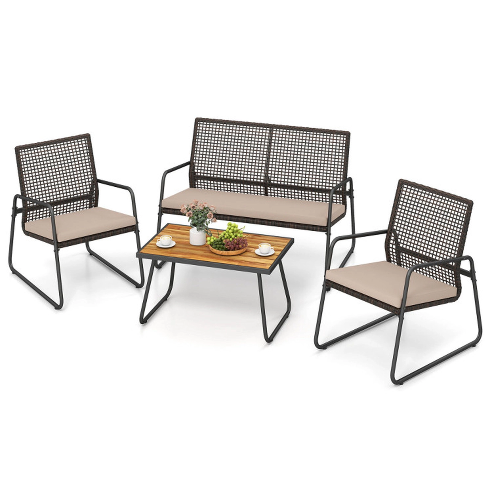 SUGIFT Brown Acacia Wood Coffee Table and Zippered Cushions 4-Piece Patio Rattan Sofa Set