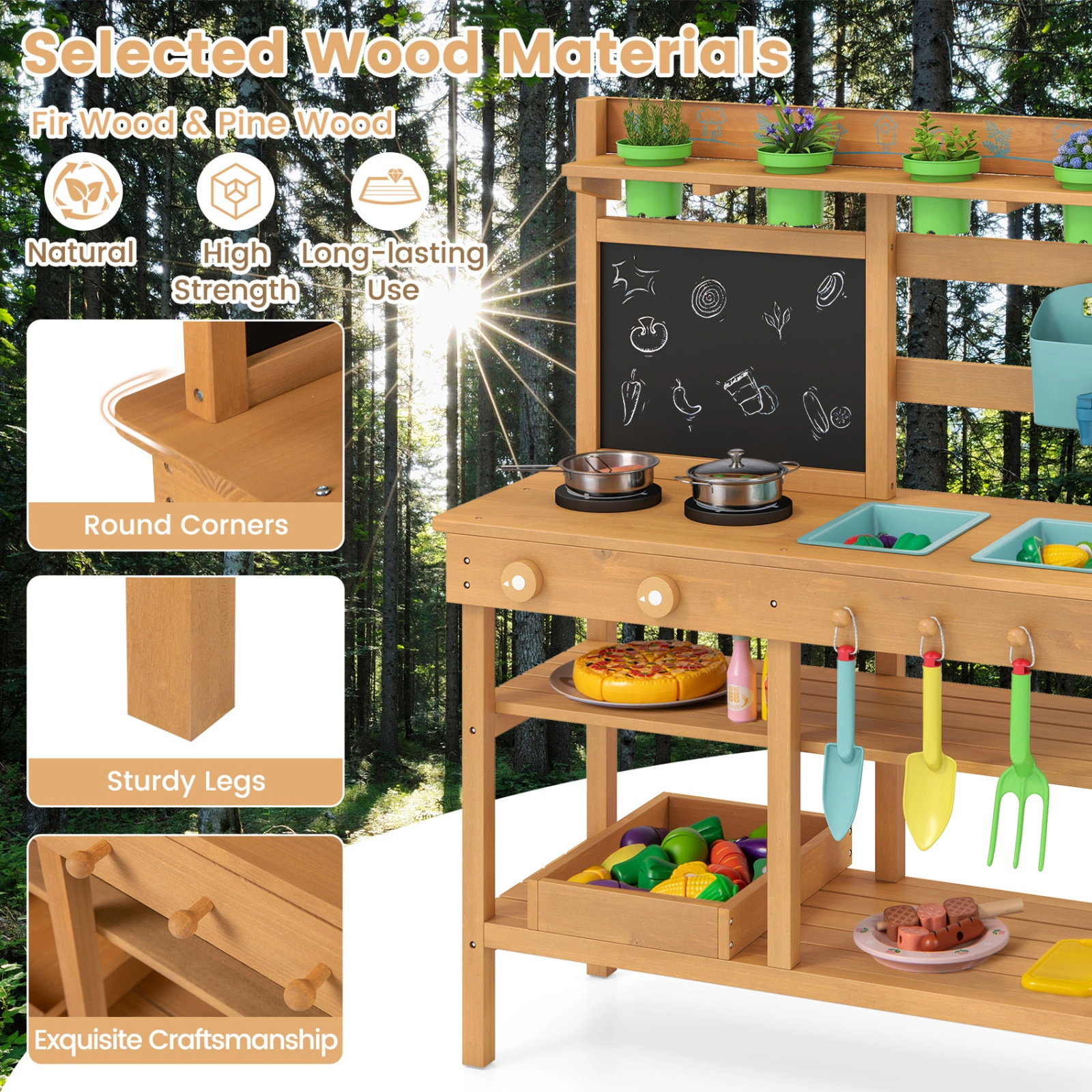SUGIFT Natural Chalkboard 2 Removable Sinks and Garden Tools Outdoor Kids Wooden Play Kitchen
