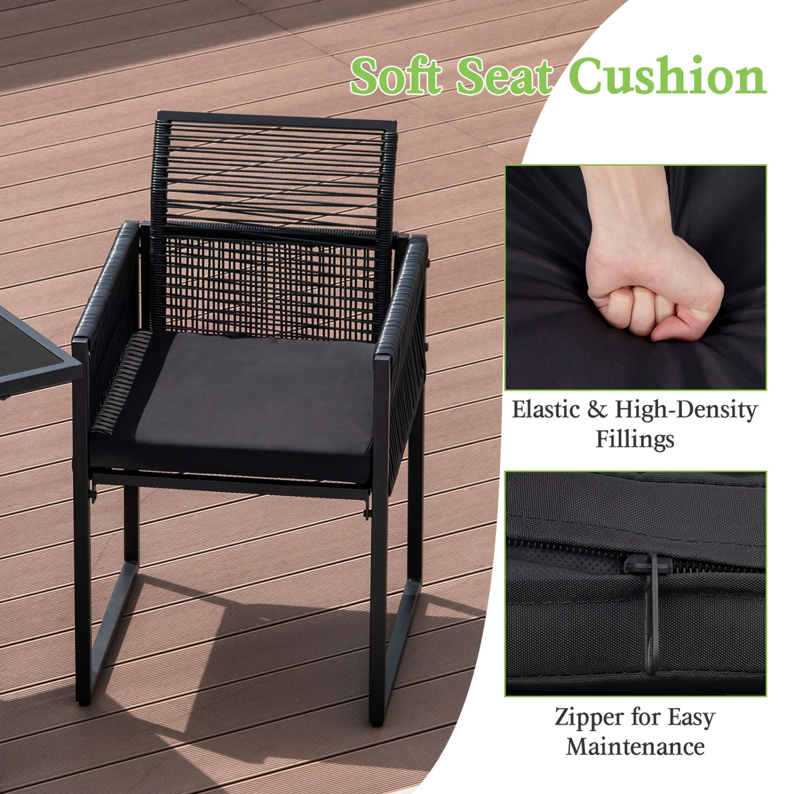 SUGIFT 3-Piece Black Patio Dining Set, Folding Rattan Chairs, 42.5-In Tempered Glass Table