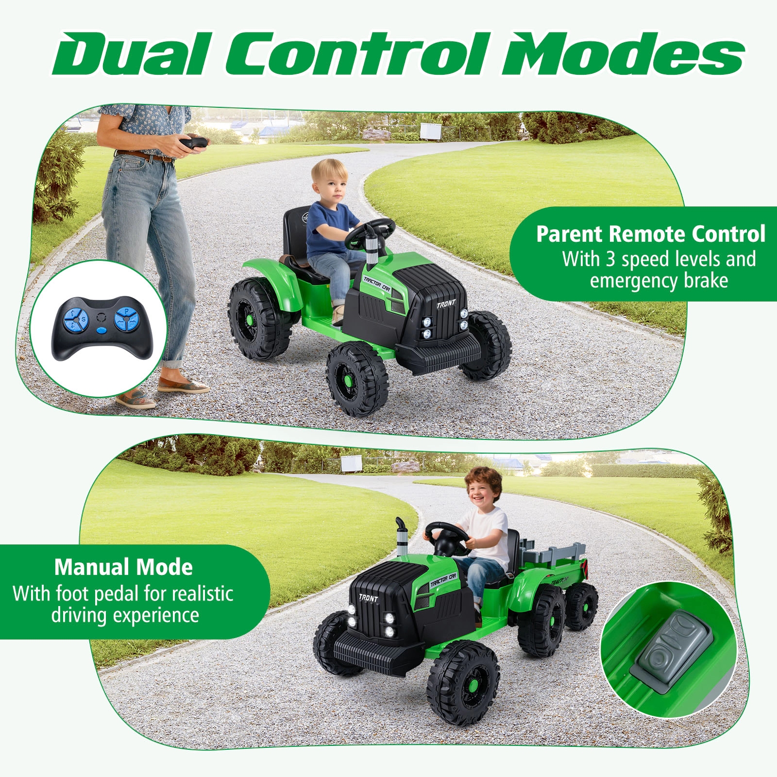 SUGIFT 24V Electric Ride On Tractor with Detachable Trailer and Remote Control 77-lb Capacity Ages 3-8 Green