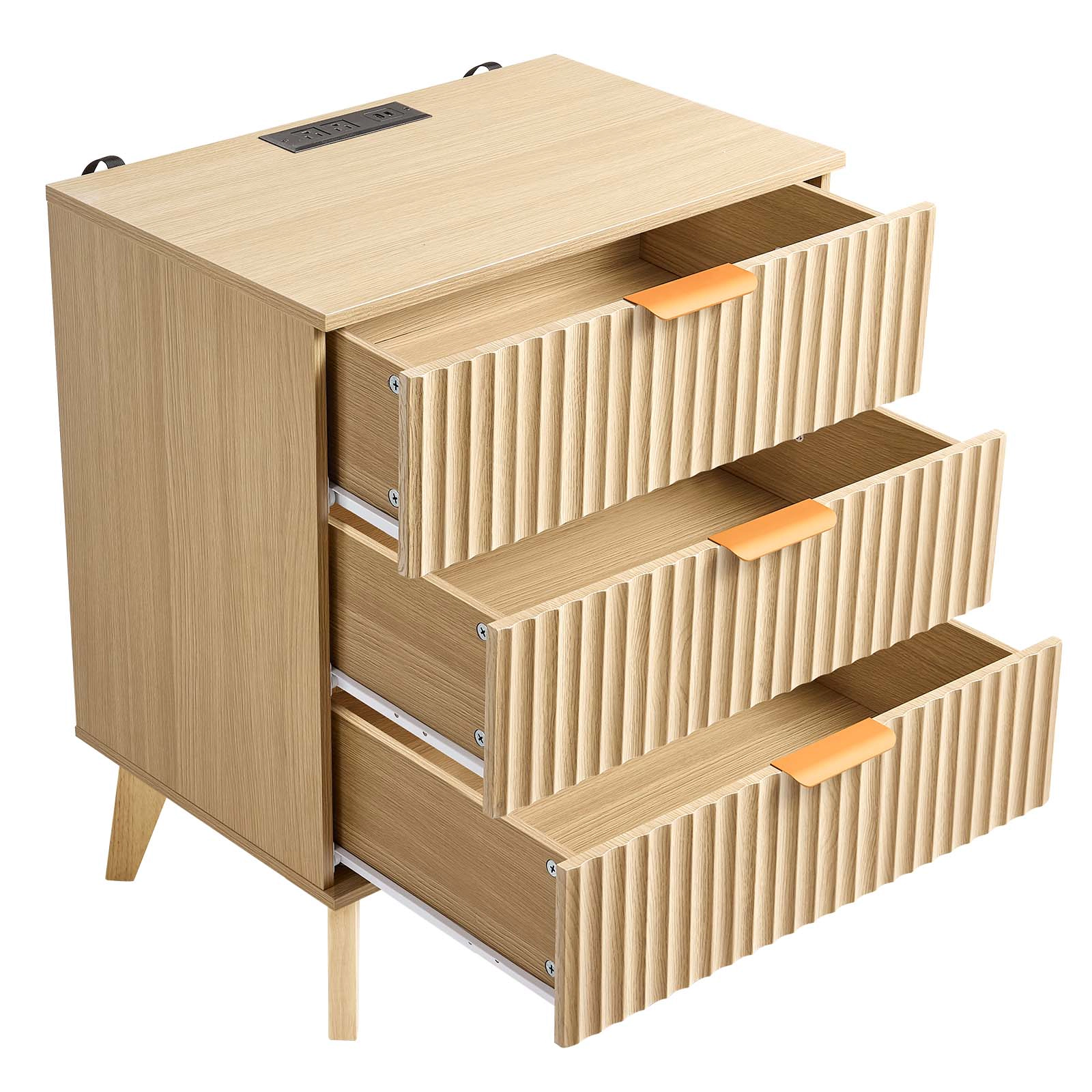 HONGGE Fluted Nightstand with Charging Station, 3 Drawers, Dresser for Bedroom, Mid Century Modern End Table