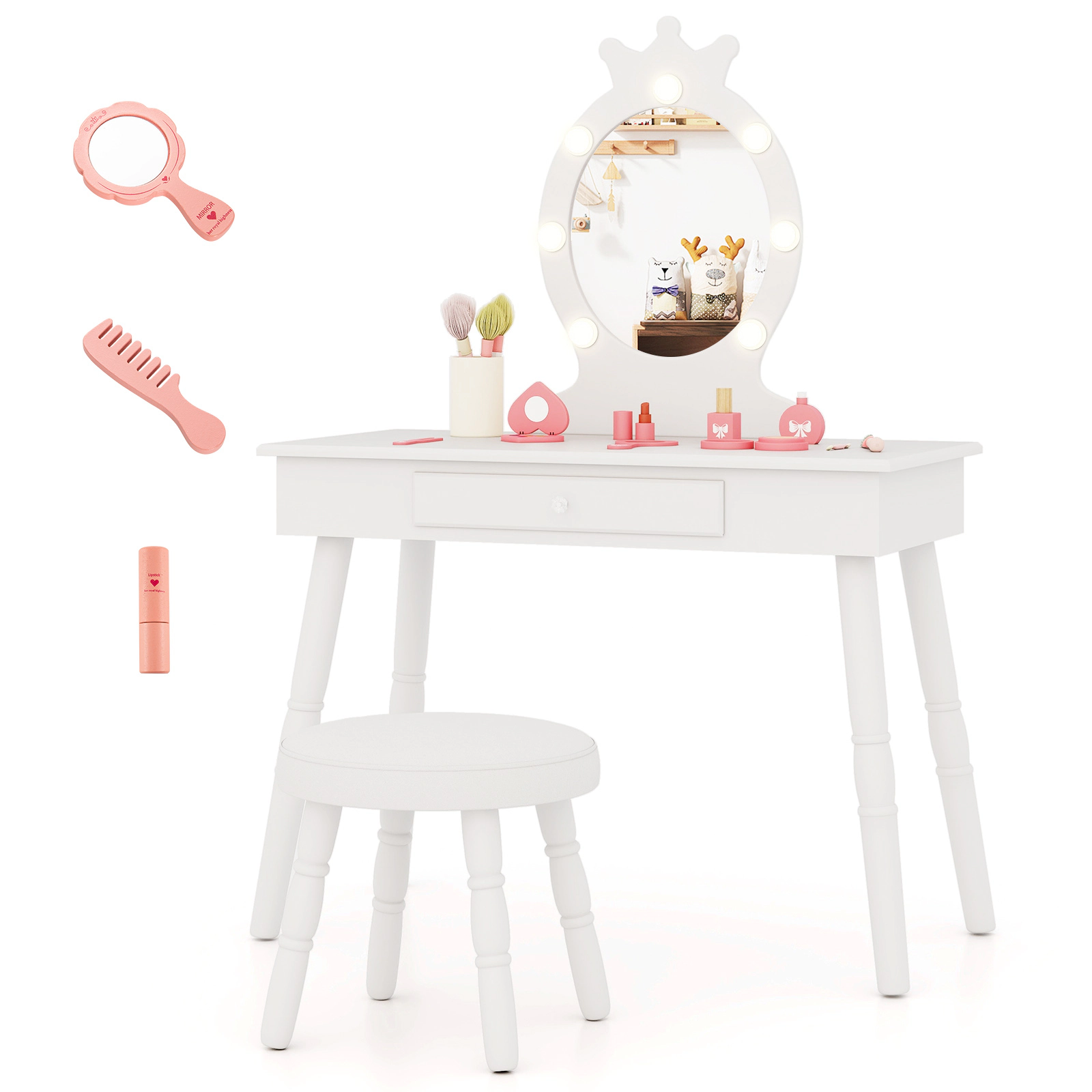 SUGIFT Kids Vanity Table and Stool Set with 3-Color Lighted Acrylic Mirror 110-lb Capacity Ages 3-7 White