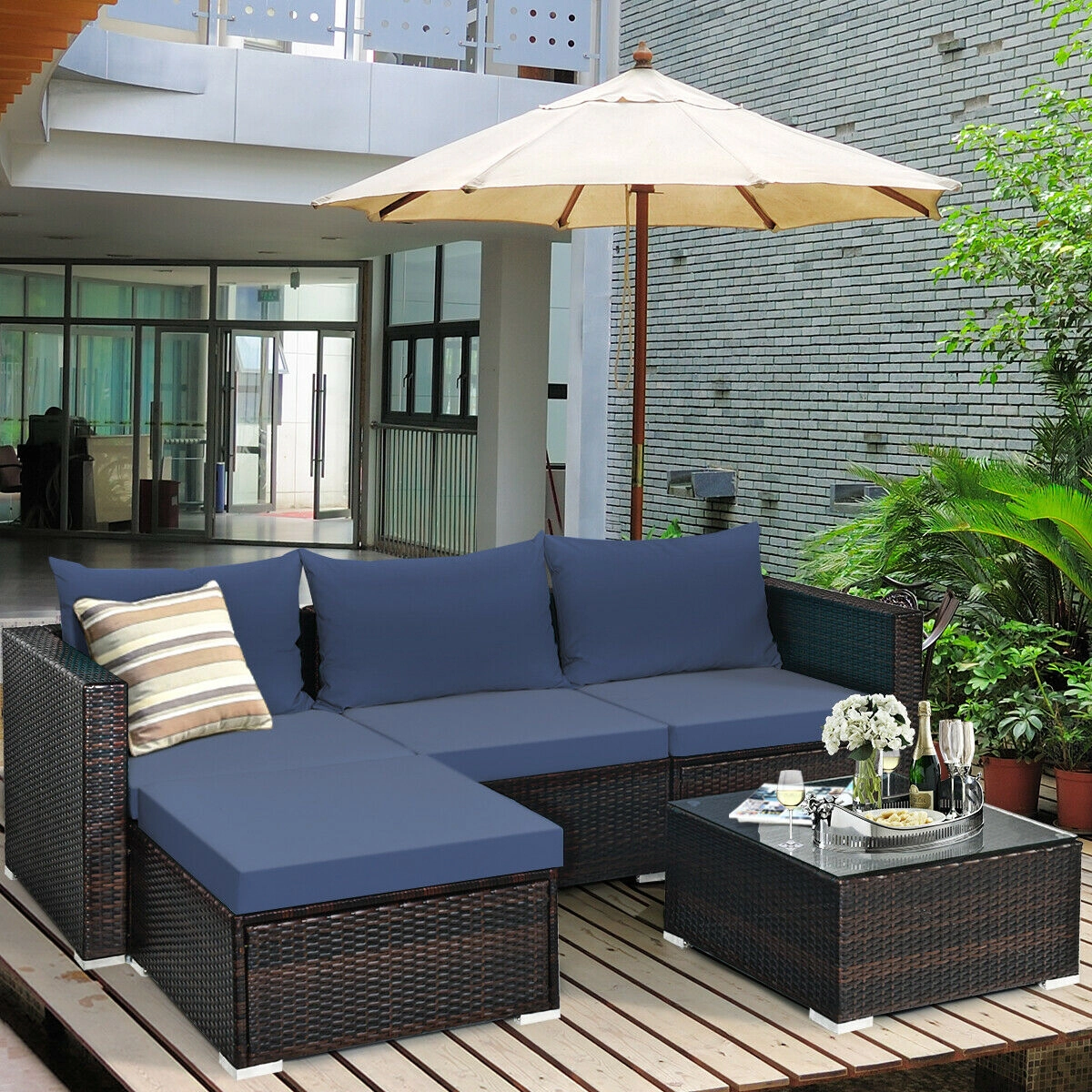 Hivvago 5 Pieces Patio Rattan Sectional Furniture Set With Cushions And Coffee Table