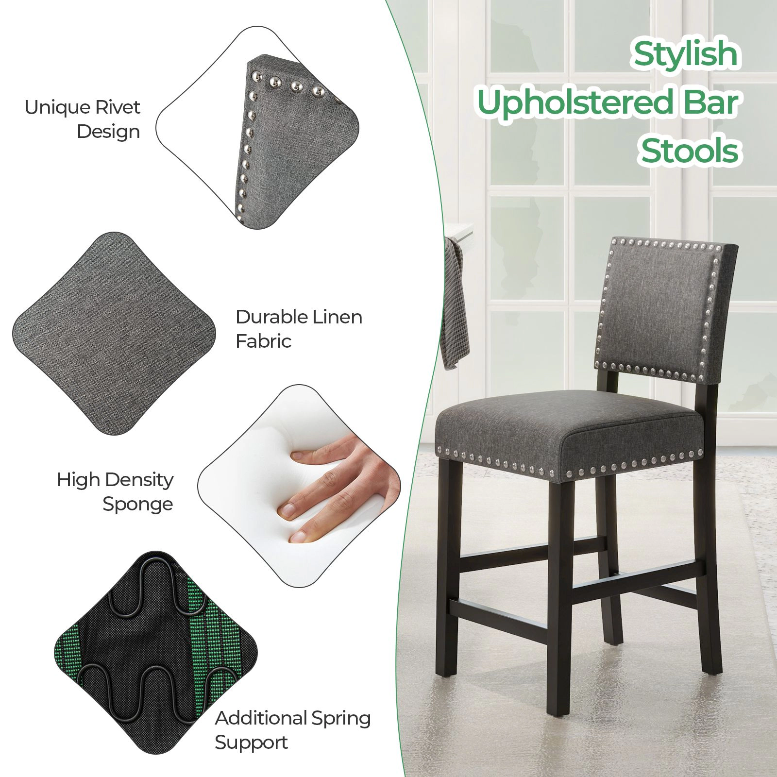 SlickBlue  Set of 2 Upholstered Counter Bar Stools Set of 2, Rubber Wood Frame
