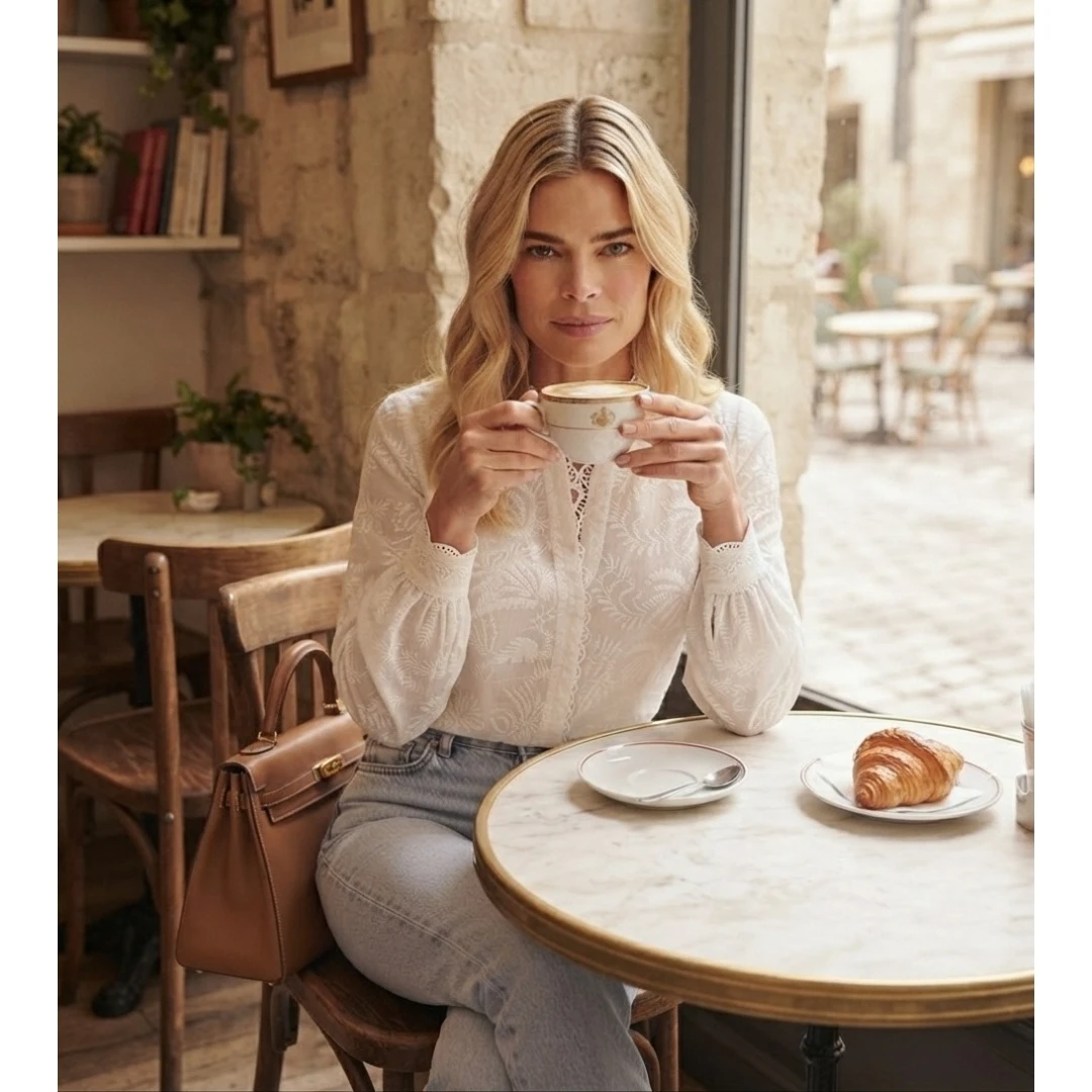 Coolmee Women's Lace Embroidered V-Neck Puff Sleeve Elegant Long Sleeve Shirt Blouse Fall