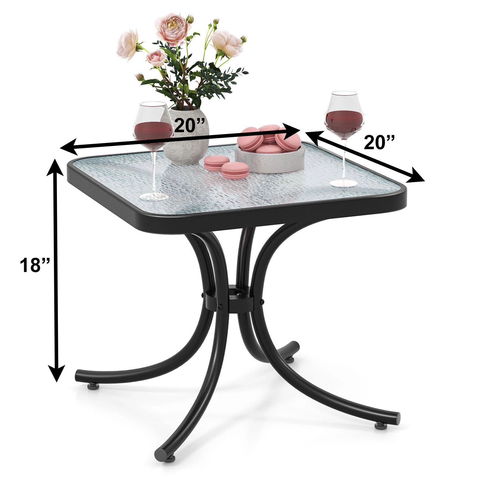 SlickBlue 20 Inch Square Side Table with Tempered Glass Top, Black