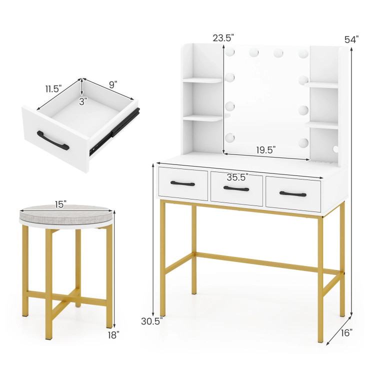 Hivvago Vanity Desk With Mirror And Lights Makeup Dressing Table And Cushioned Stool Set