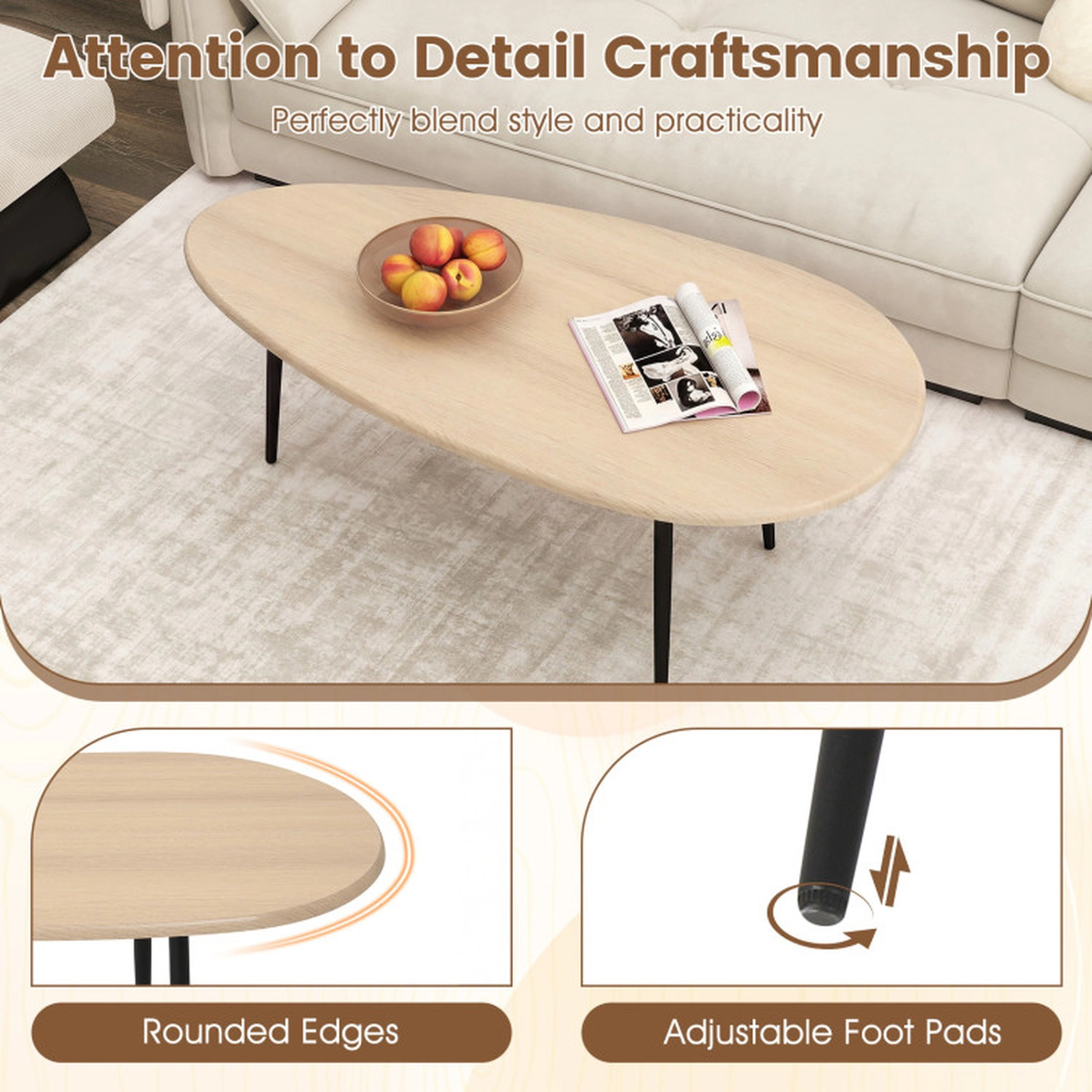 SUGIFT Mid Century Oval Coffee Table with Sturdy Metal Construction 99-lb Capacity Natural Walnut Gray Black