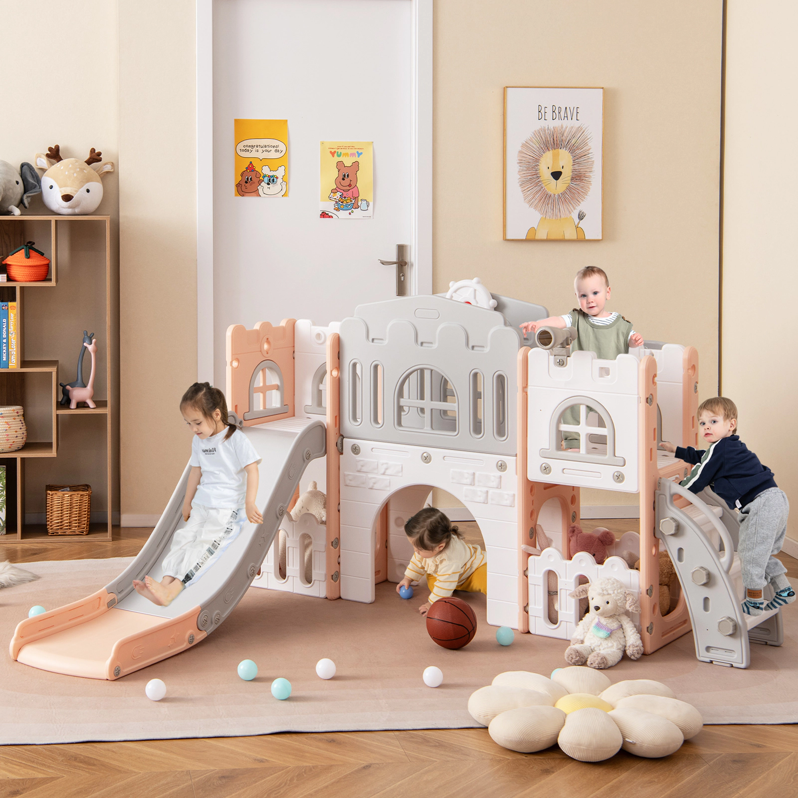 LJG All-in-1 Toddler Slide Playset Playground with Tunnel and Ladder and Basketball