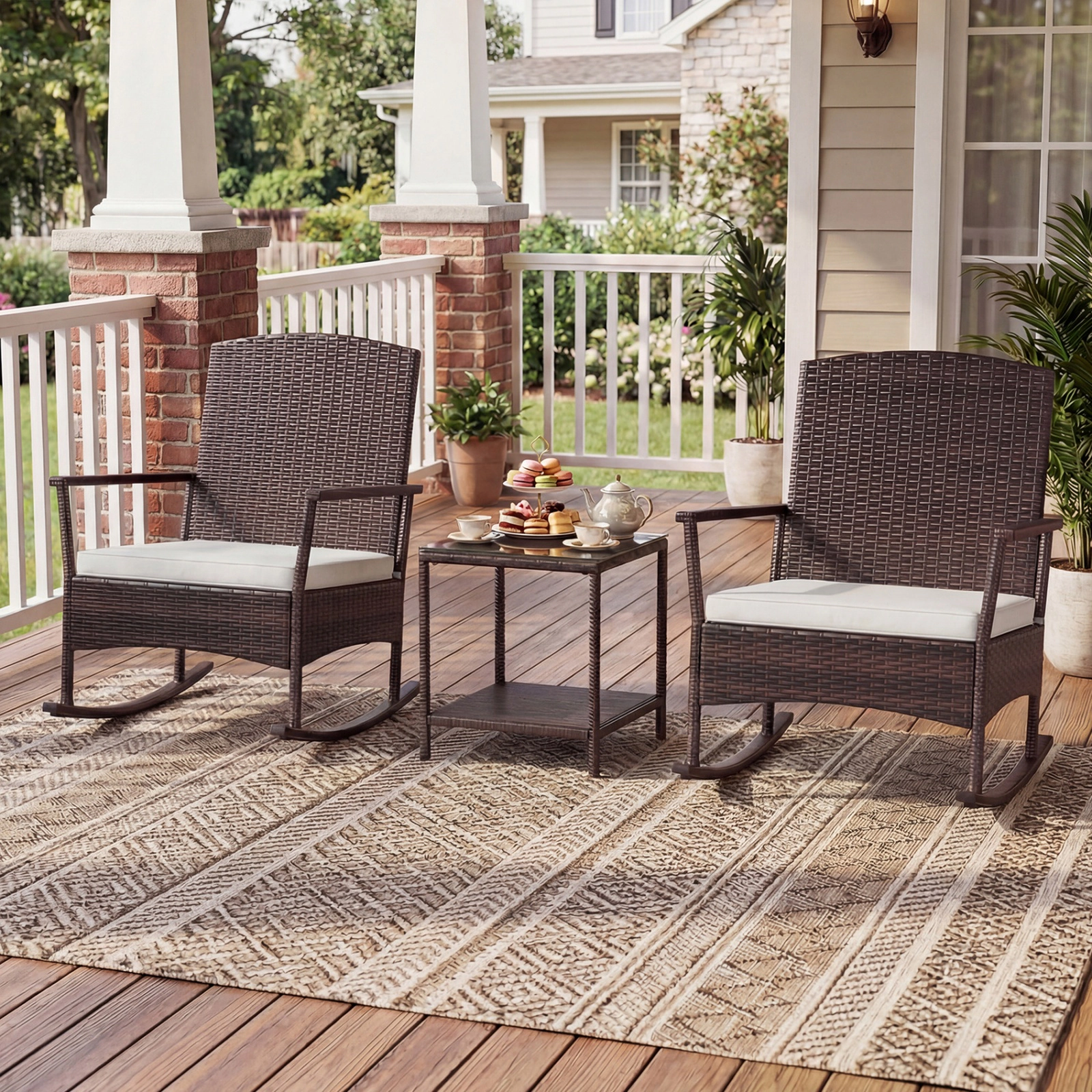 SUGIFT Patio Rocking Conversation Set Wicker Rocking Chairs & 2-Tier Coffee Table 400-lb Chair Capacity Off White Mix