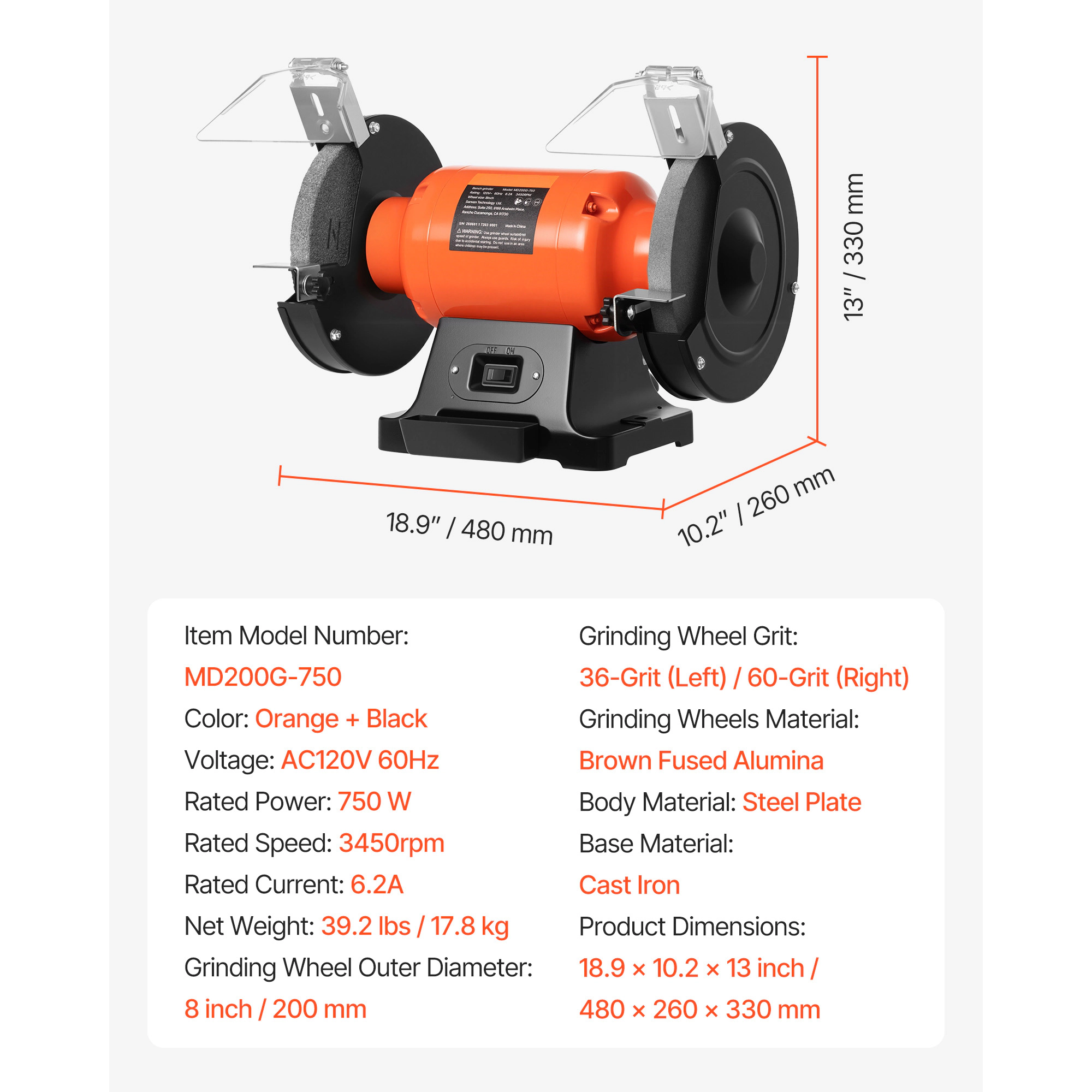 HONGGE Bench Grinder Single Speed Bench Grinder 3450RPM High -Speed Table Grinders with Induction Motor 36/60-Grit
