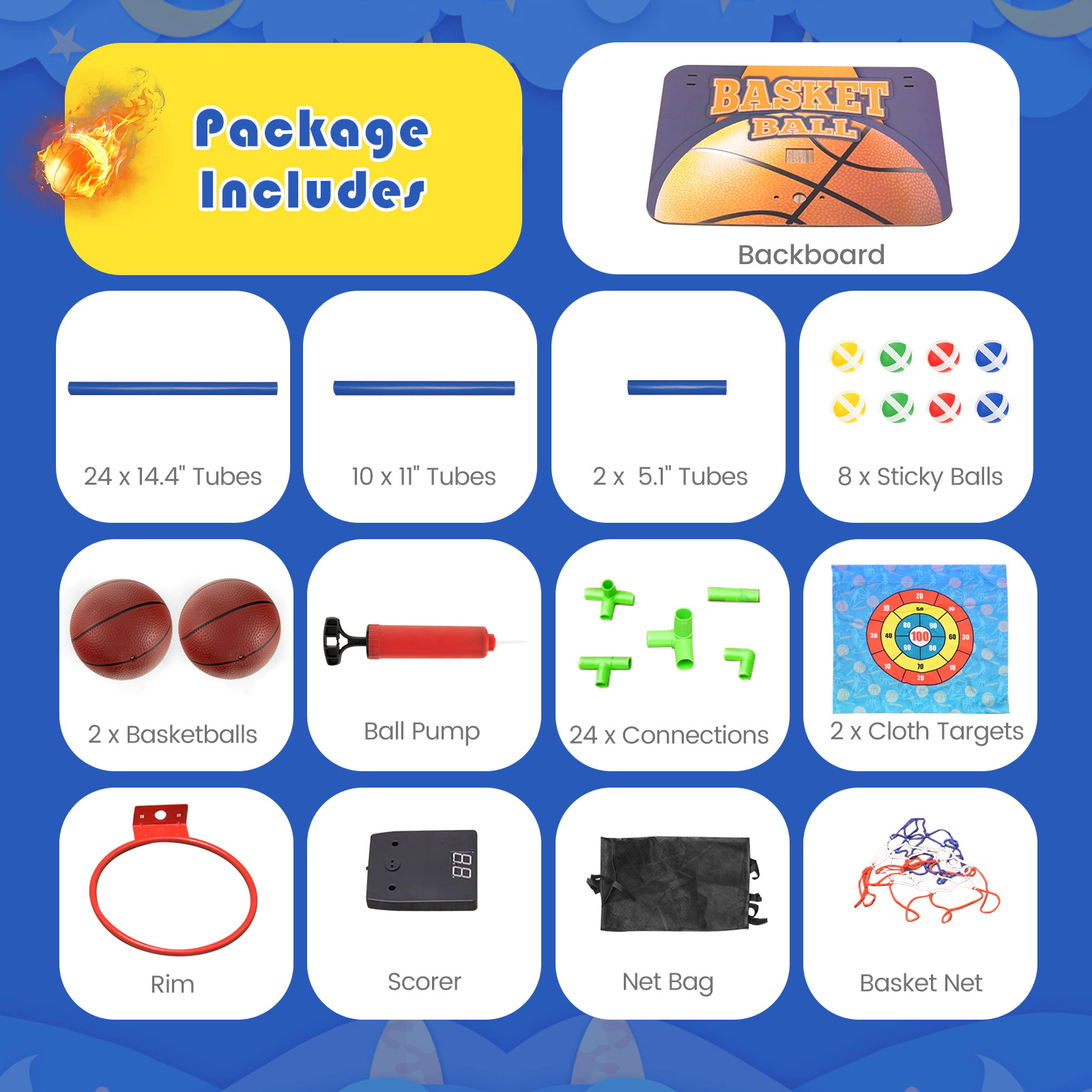 SUGIFT Kids 2-in-1 Basketball Arcade Game Cloth Targets Electronic Scoreboard 2 Basketballs 53-in Tall Ages 3+ Blue