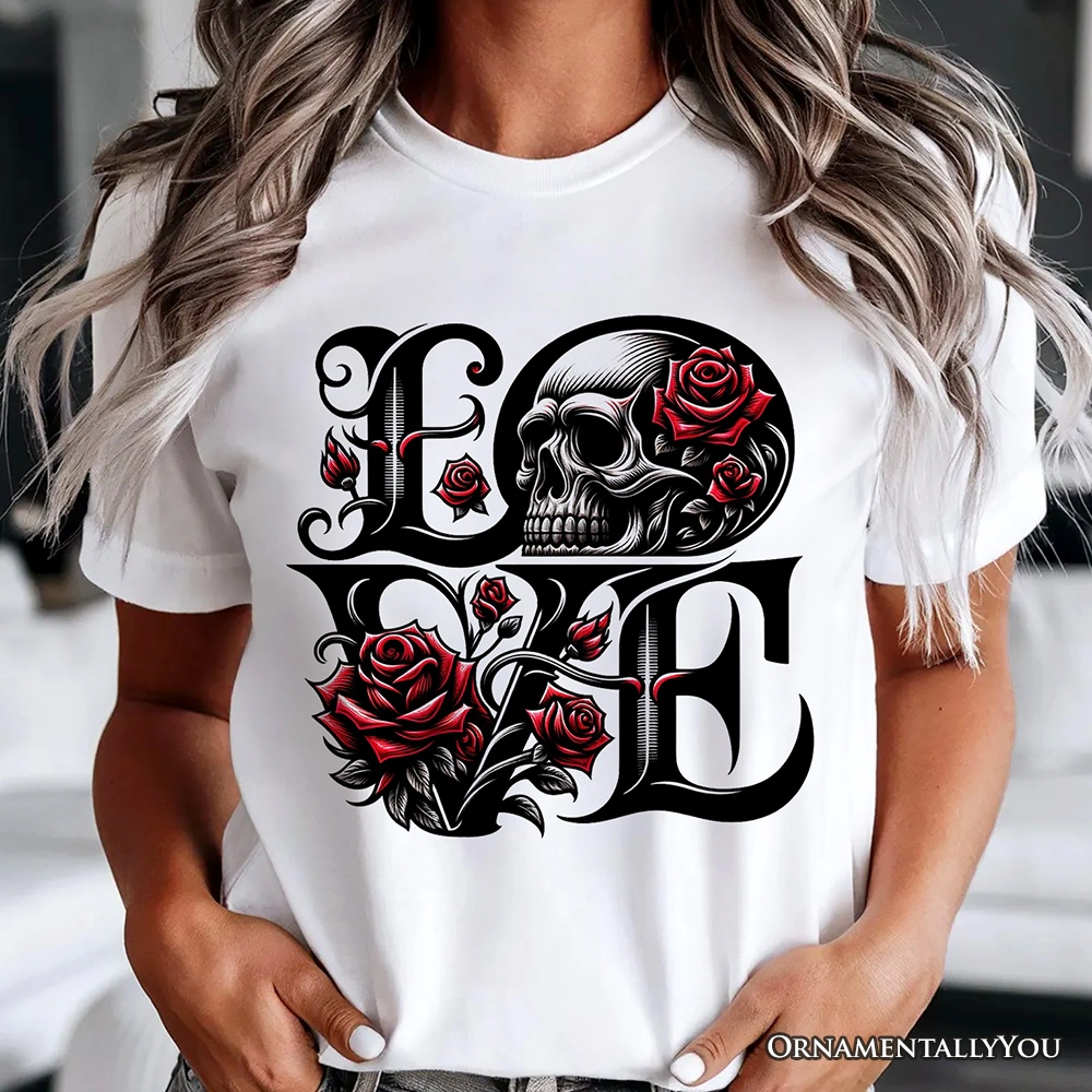 OrnamentallyYou Unisex Gothic Love Skull Roses Dark Valentine Romance T-Shirt