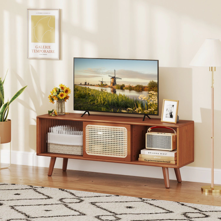 Hivvago Modern Tv Stand With Rattan Glass Sliding Doors-Brown