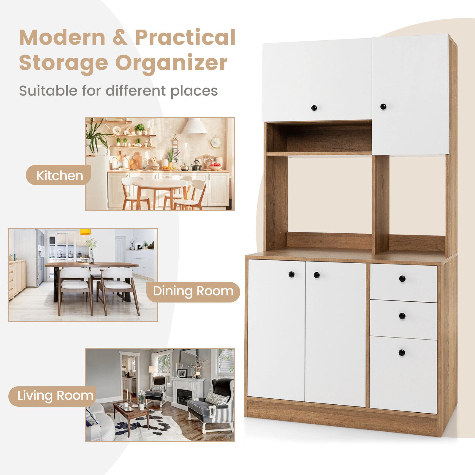 SUGIFT 71-in Tall 110-lb Countertop White Pantry Cabinet with 3 Storage Cabinets and 3 Deep Drawers