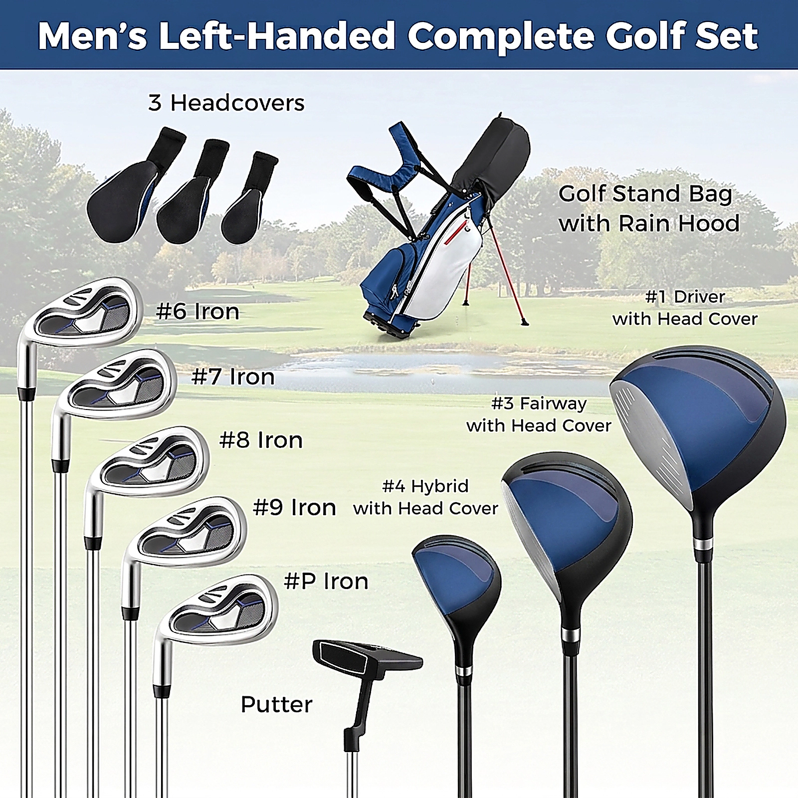 SUGIFT Left-Handed Golf Stand Bag Set with Clubs 13-lb Total Weight Blue/Black/Gray