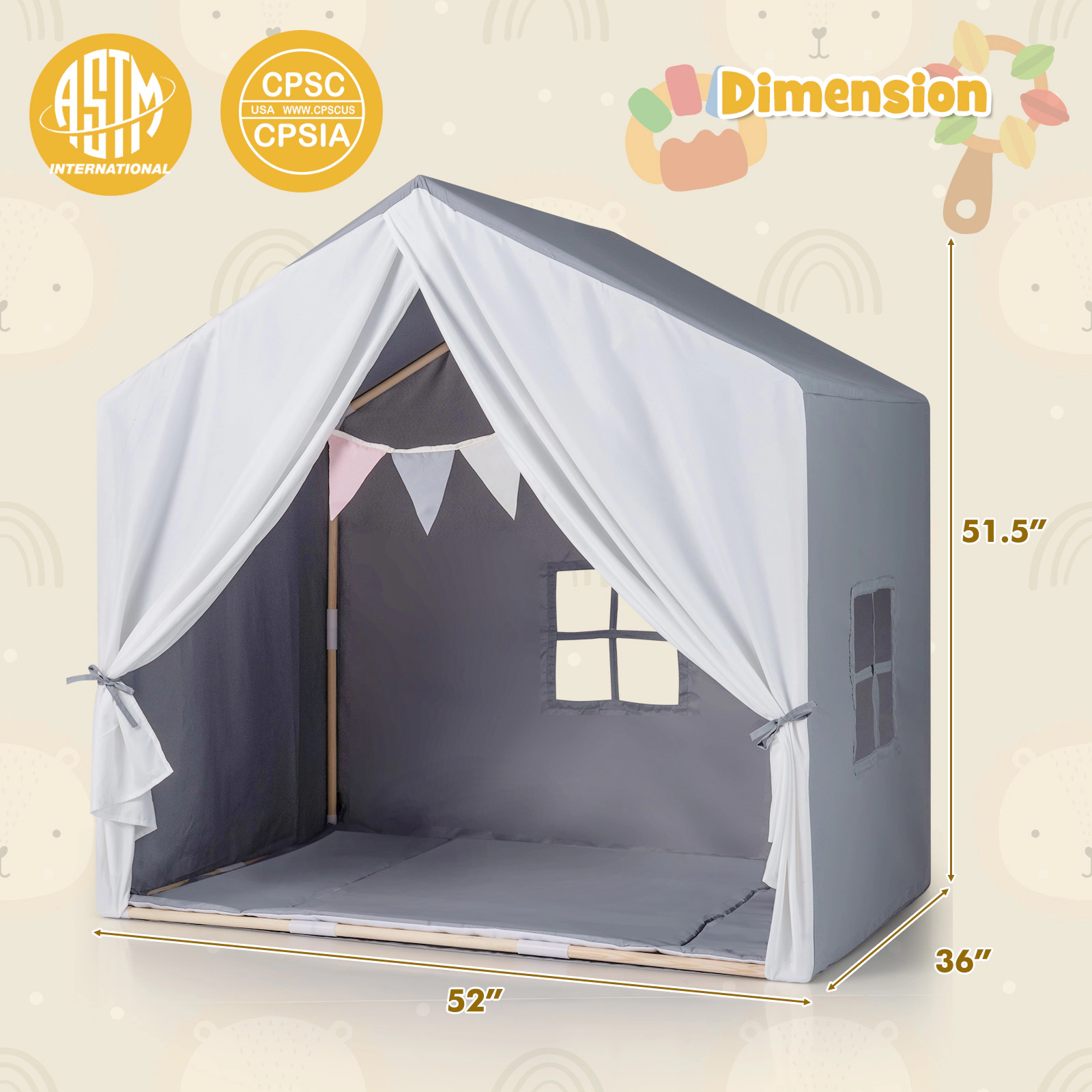 SUGIFT Washable Cotton Mat and Flag Banner Pine Wood Kids Play Tent