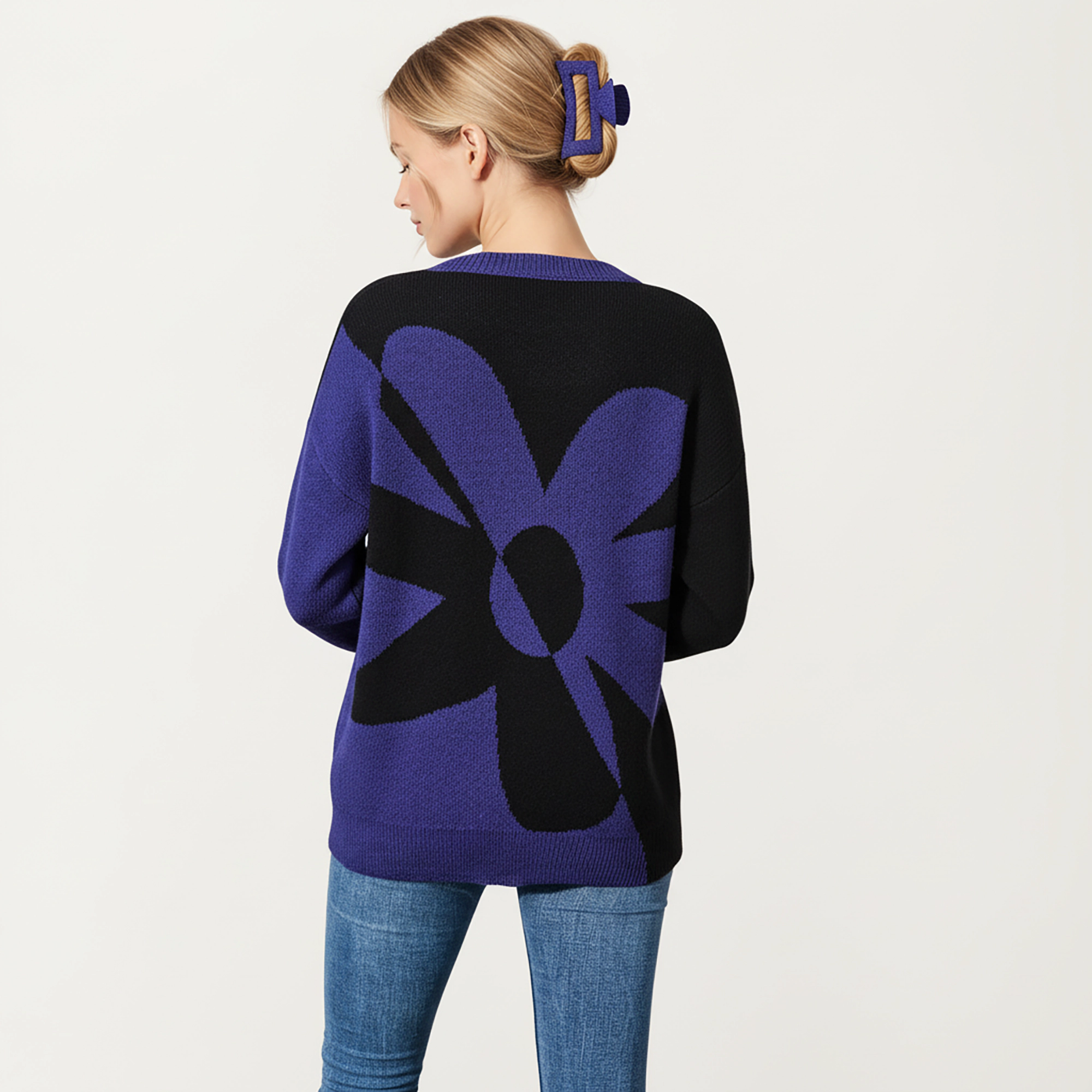 Anna-Kaci Women's Bold Graphic Floral Pattern Knit Sweater with Soft Crew Neckline and Relaxed Long Sleeve Pullover Fit