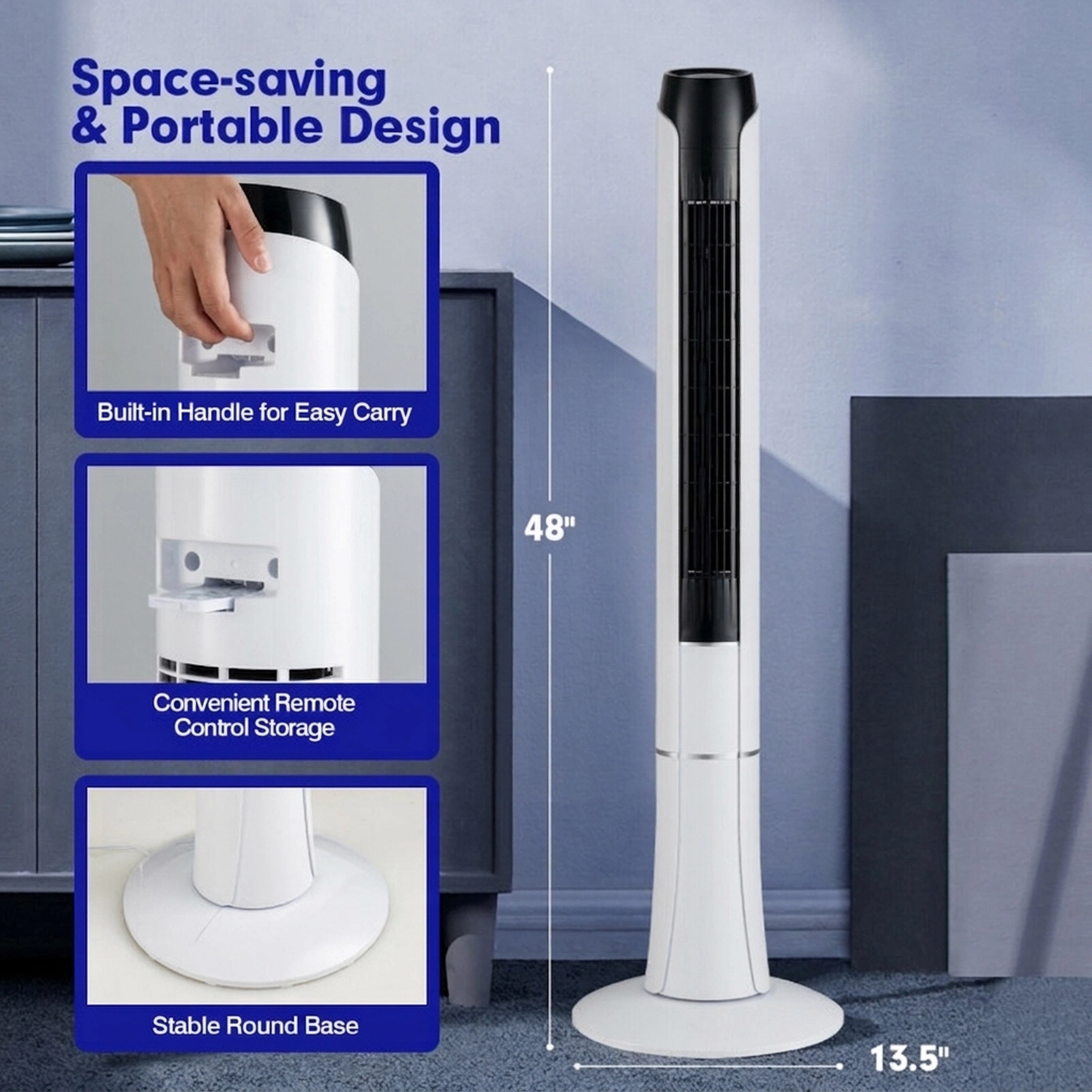 SUGIFT 47.5-in Bladeless Oscillating Tower Fan with 3 Wind Modes 3 Speeds 15H Timer and LED Remote