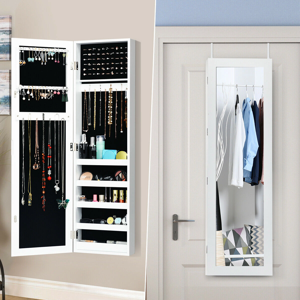 Glintex Compact Jewelry Cabinet with 38-Inch Mirror and Anti-Sway Sticker, White