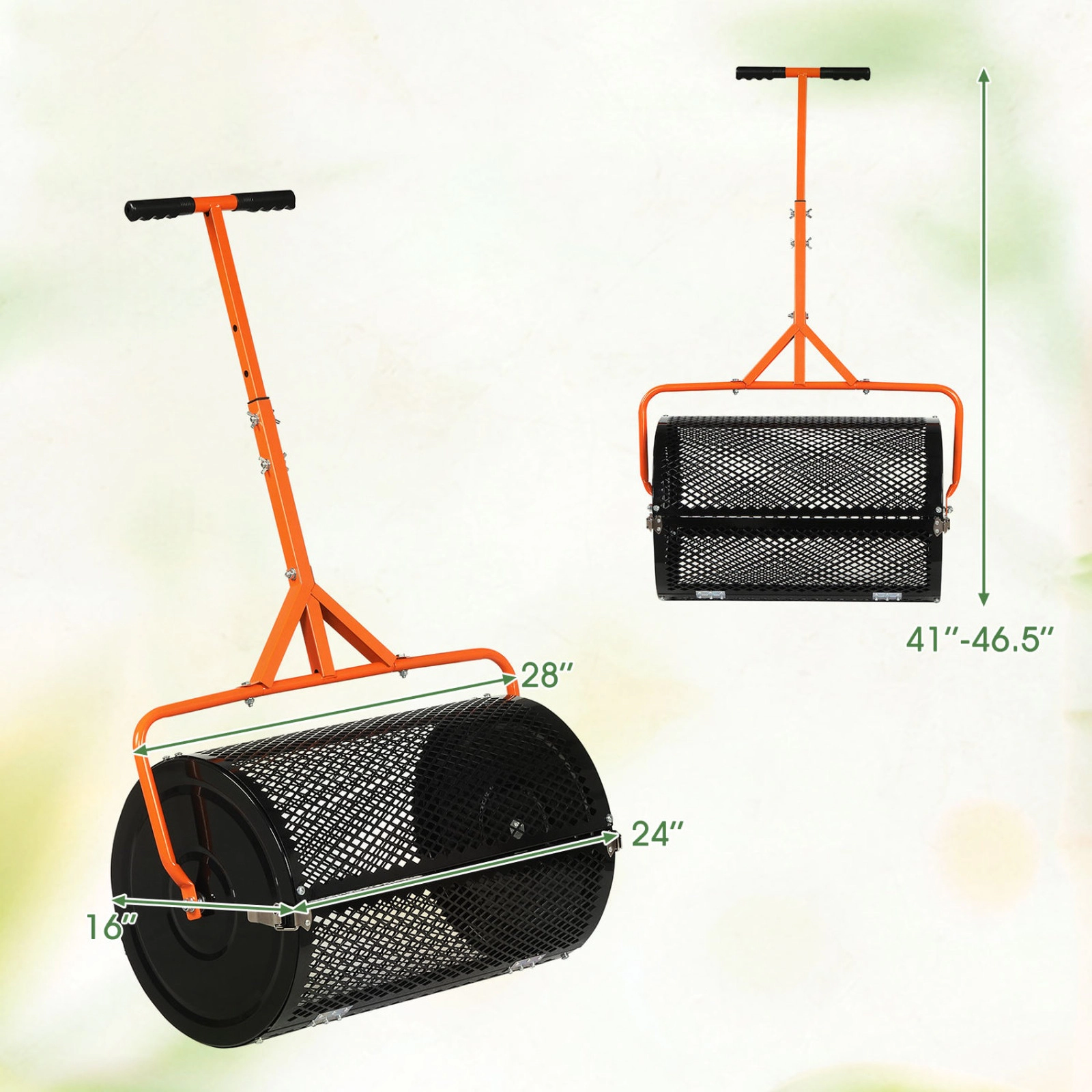 SUGIFT Orange 24-in Compost Spreader Peat Moss Topdressing Roller with 2.7-cu ft Basket and T-Handle