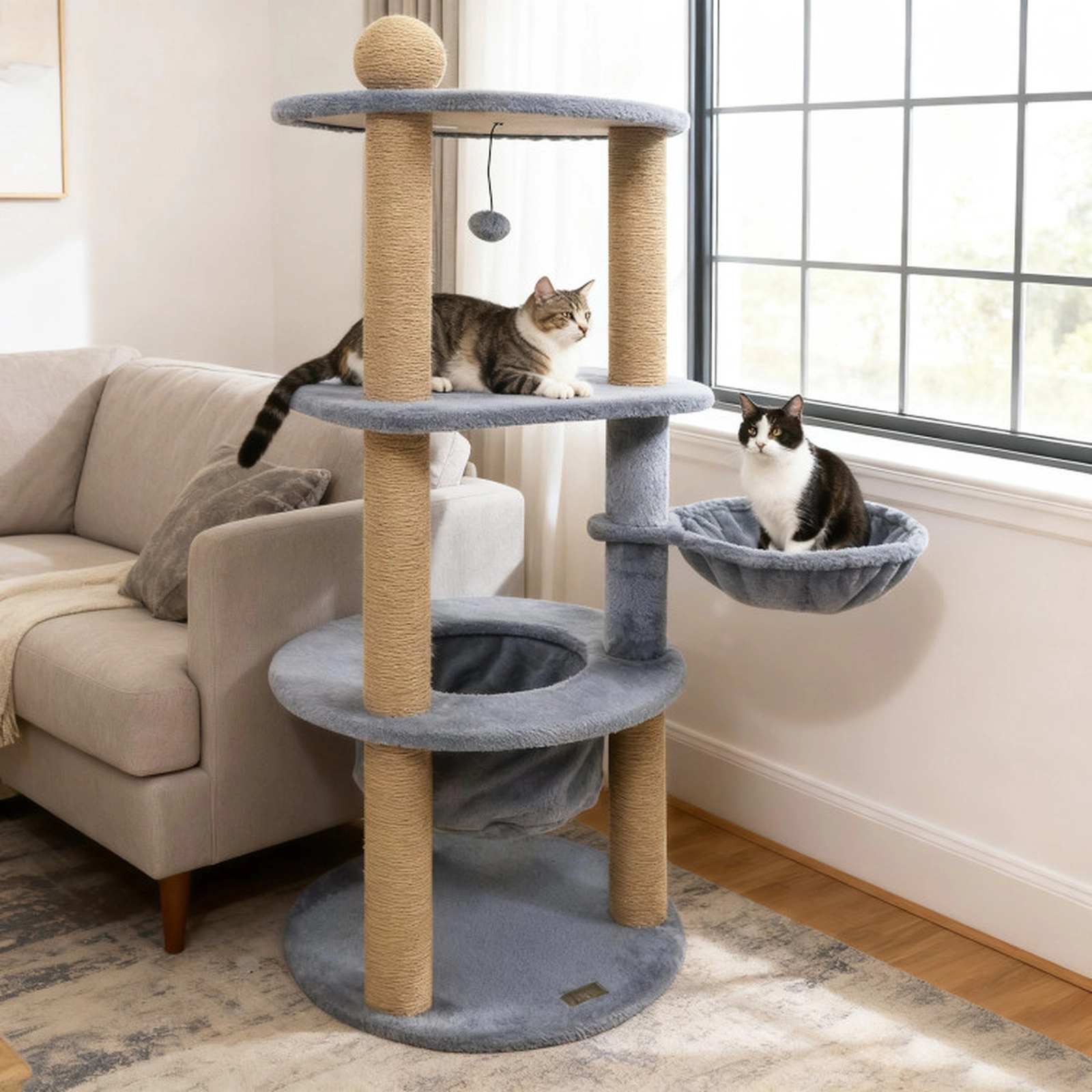 SUGIFT Gray 47 in Tall Cat Tower with Cat Nest Basket and Jute Scratching Posts