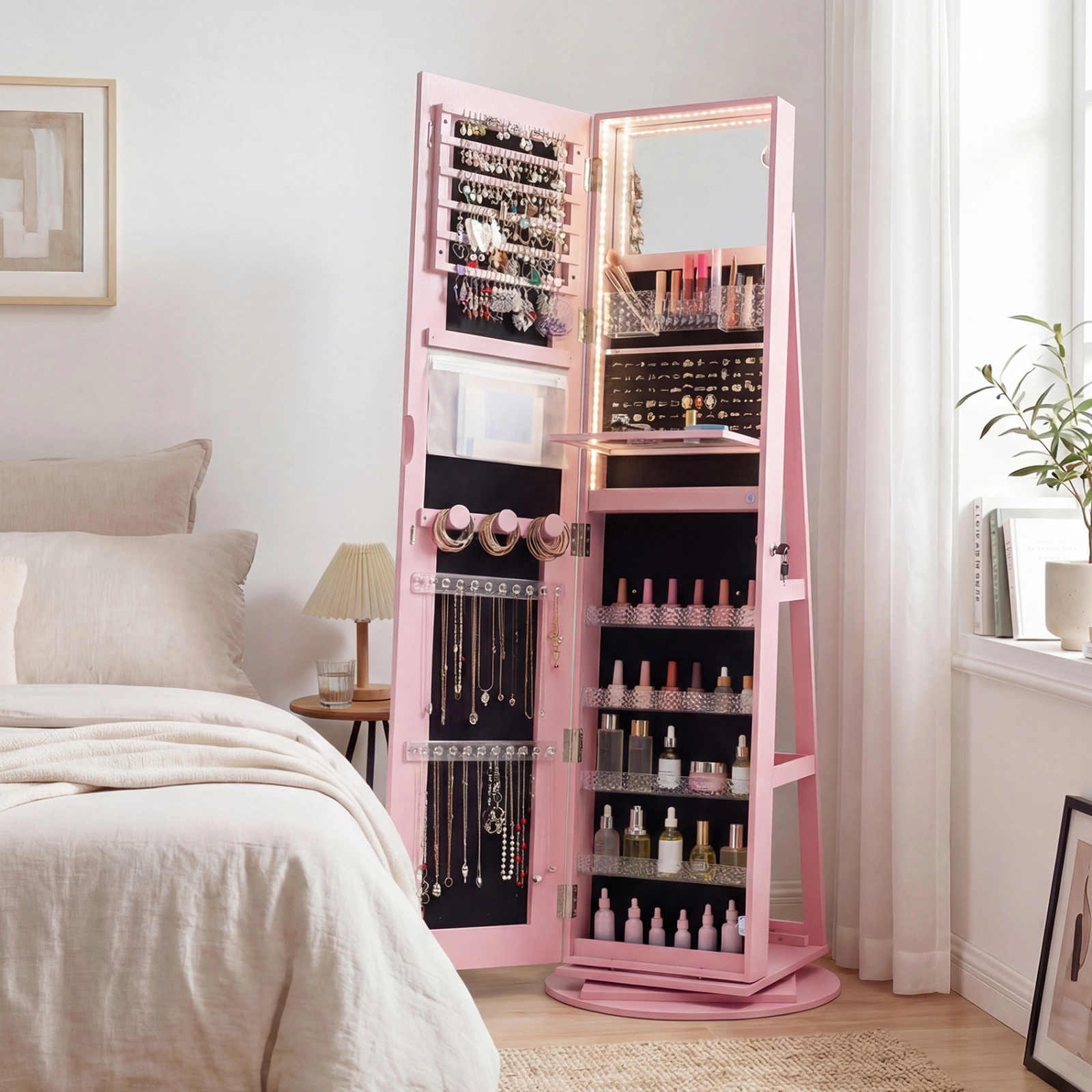 SUGIFT 63-in Pink Lockable Standing Jewelry Armoire Cabinet with LED Full-Length Mirror and Rotating Base