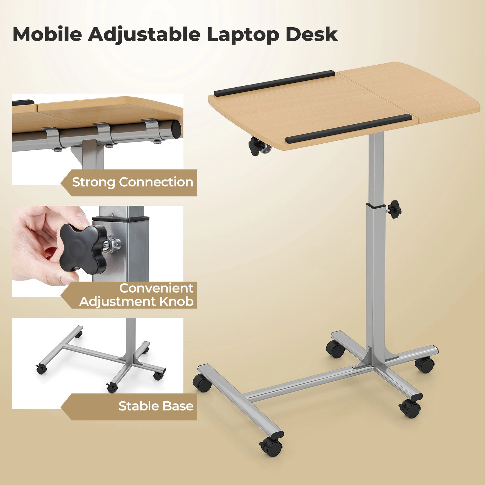 SUGIFT 23.5-in 5-Level Height Adjustable Rolling Laptop Table with Tilting Top Steel Frame and Lockable Wheels