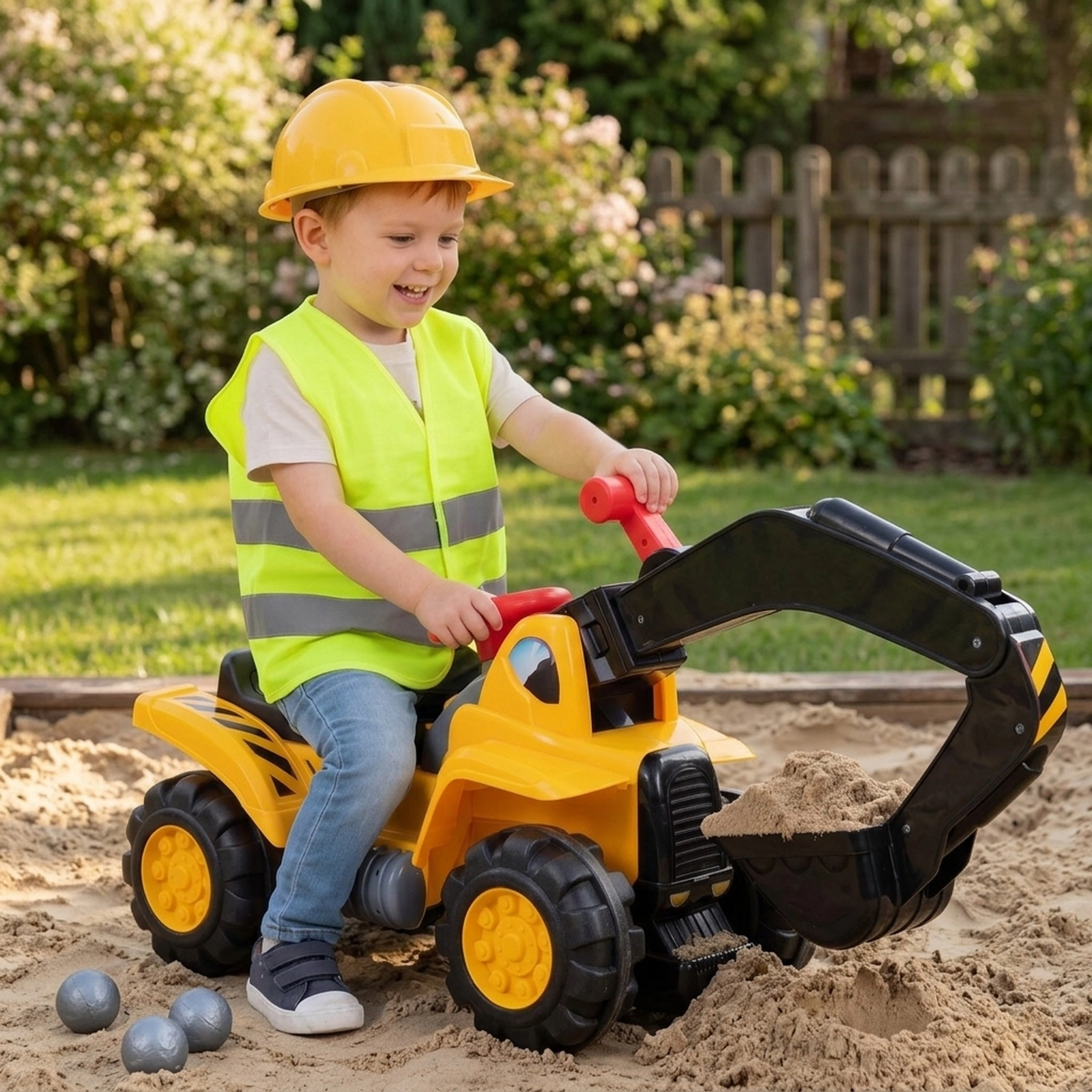 3-in-1 Kids Ride On Excavator Bulldozer Push Car Dual Levers Engine Sound Safety Hat 35-in Digger Ages 2+ 55-lb Load