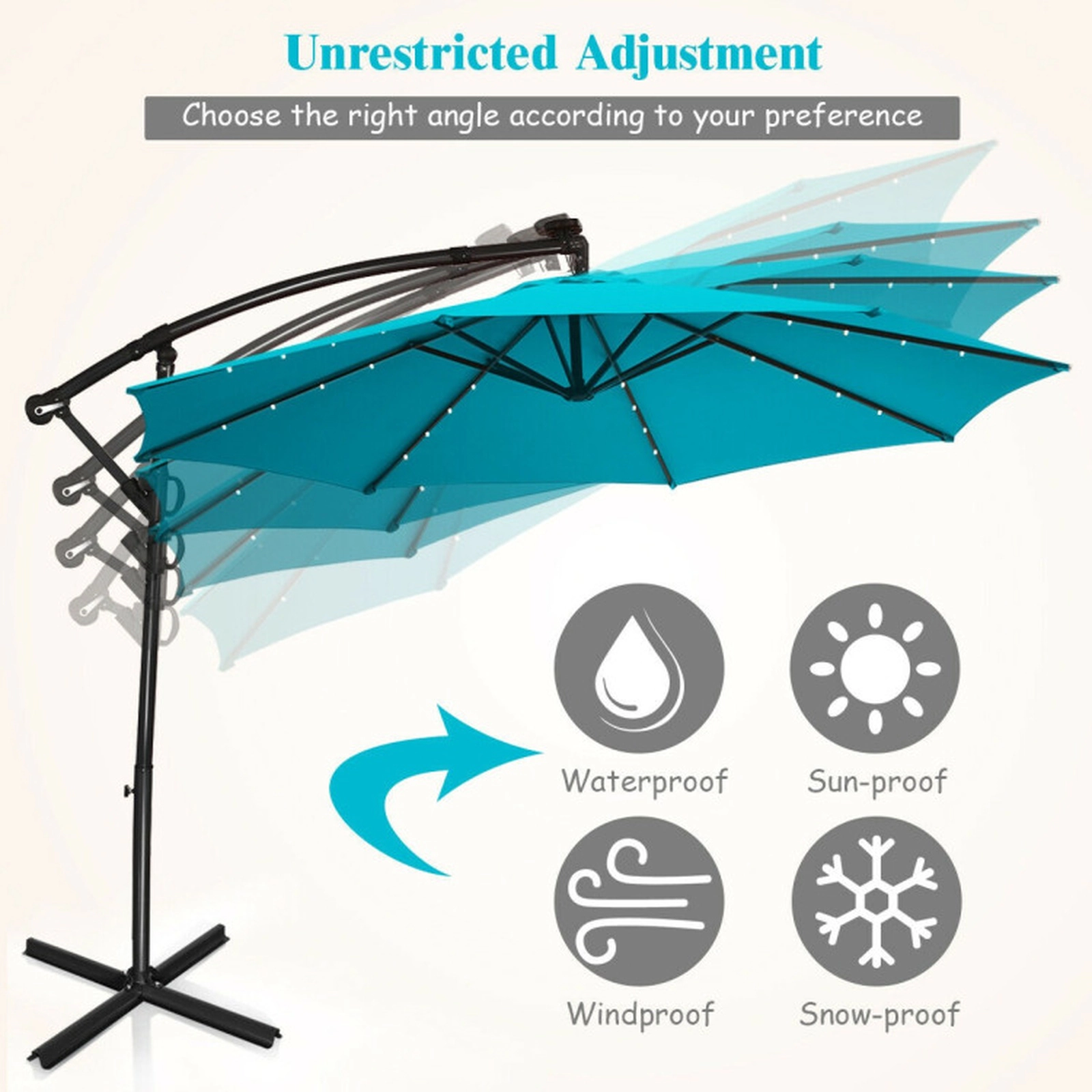 SUGIFT Solar Powered LED Patio Offset Umbrella with 360° Rotation and 32 Lights 10-ft Canopy Turquoise