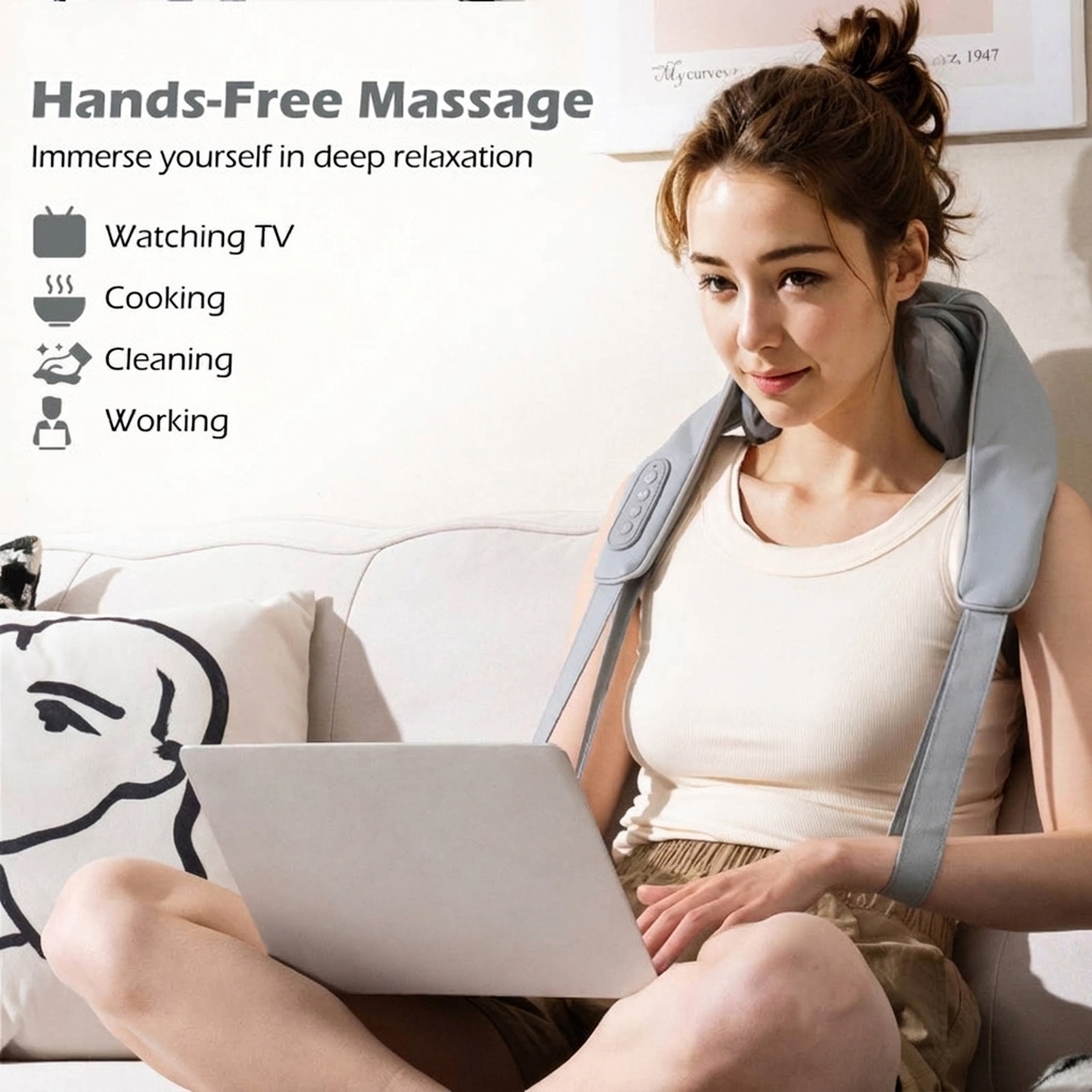 SUGIFT 4D Deep Tissue Shiatsu Neck Shoulder Massager with Heating Pulling Handles and Adjustable Straps Cordless Gray