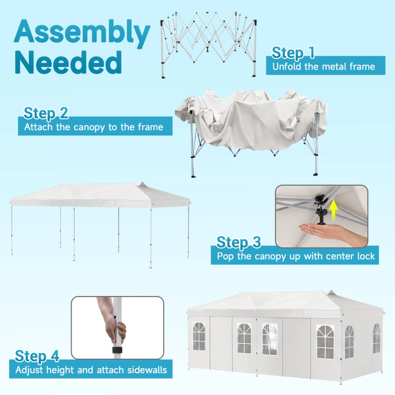 SUGIFT 10 x 20Pop Up Canopy Gazebo Tent with 6 Removable Sidewalls 3-Height Adjustable Metal Frame PE Fabric Roof White