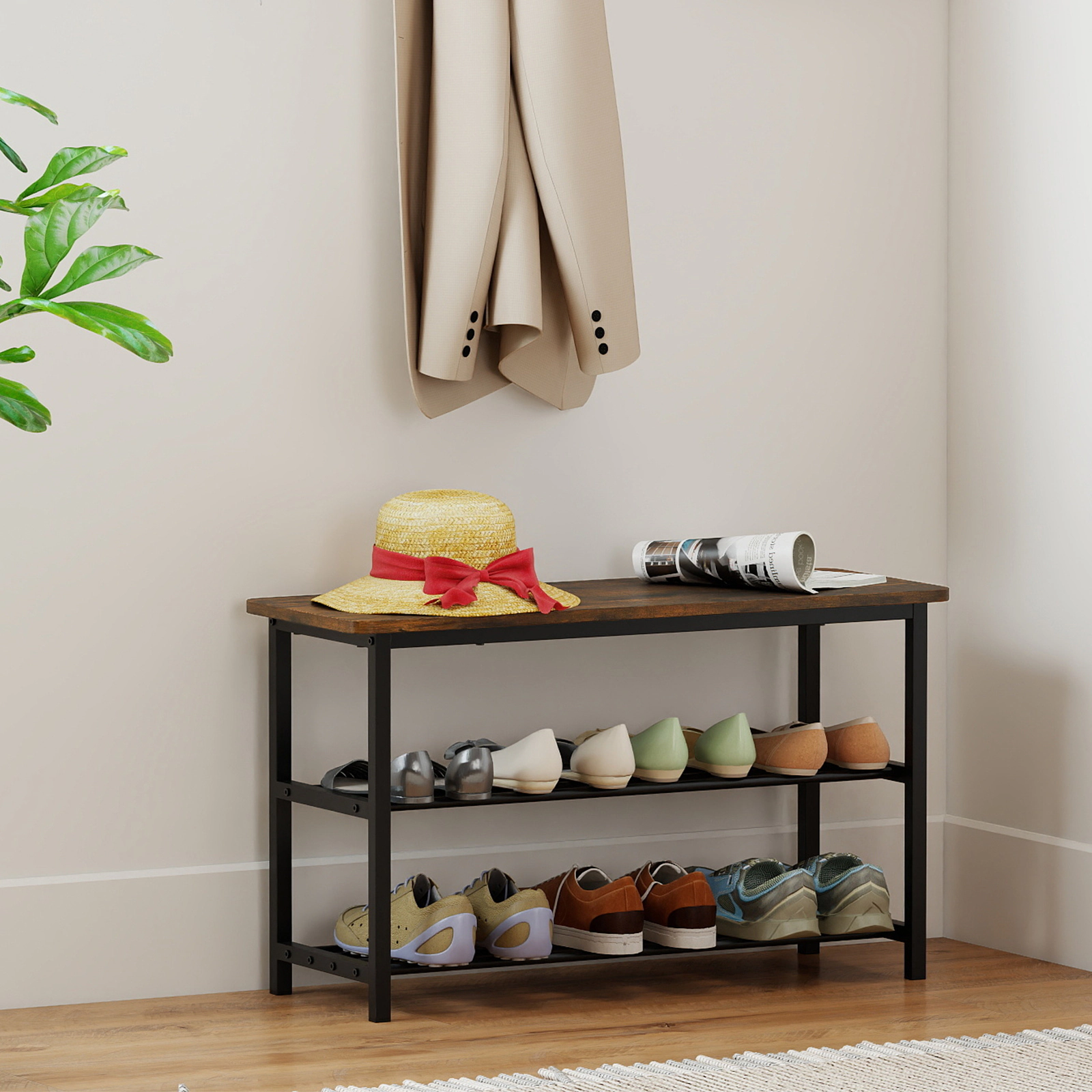 SUGIFT 3-Tier Shoe Rack Bench with Metal Slat Shelves and Long Wooden Seat 300-lb Top Seat Capacity Rustic Brown + Black