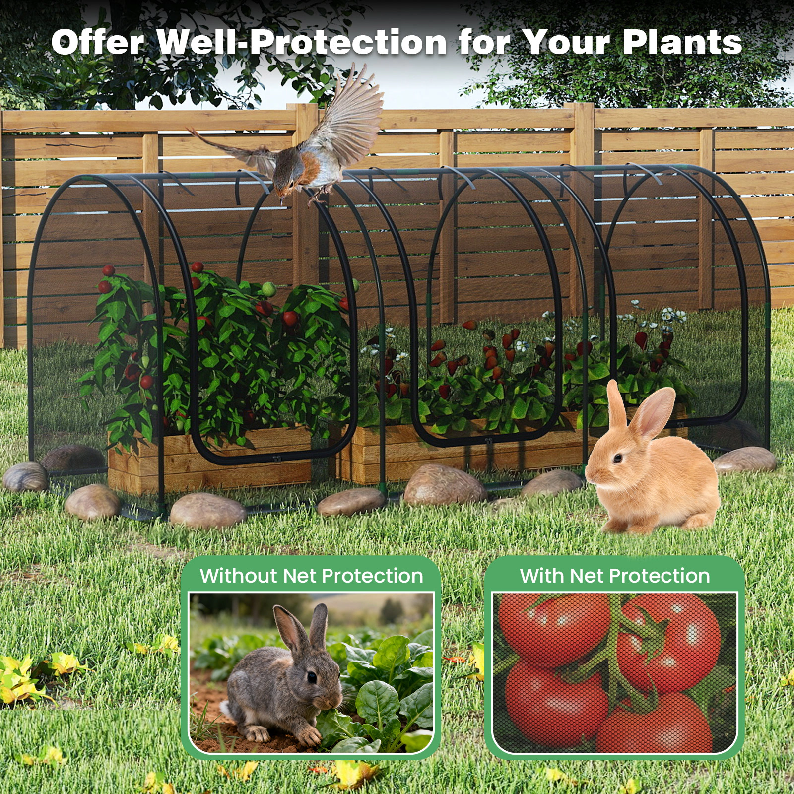 SUGIFT Tunnel Crop Cage Portable Plant Protection Tent Tunnel with 3 Roll-up Zippered Doors Green