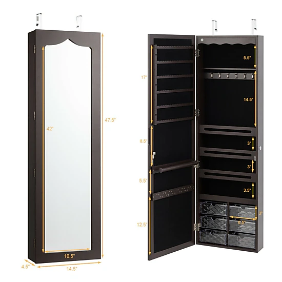 SUGIFT 5-LED Wall Mounted or Door Hanging Jewelry Armoire with Full Length Mirror 47.5-in Tall MDF Cabinet Brown