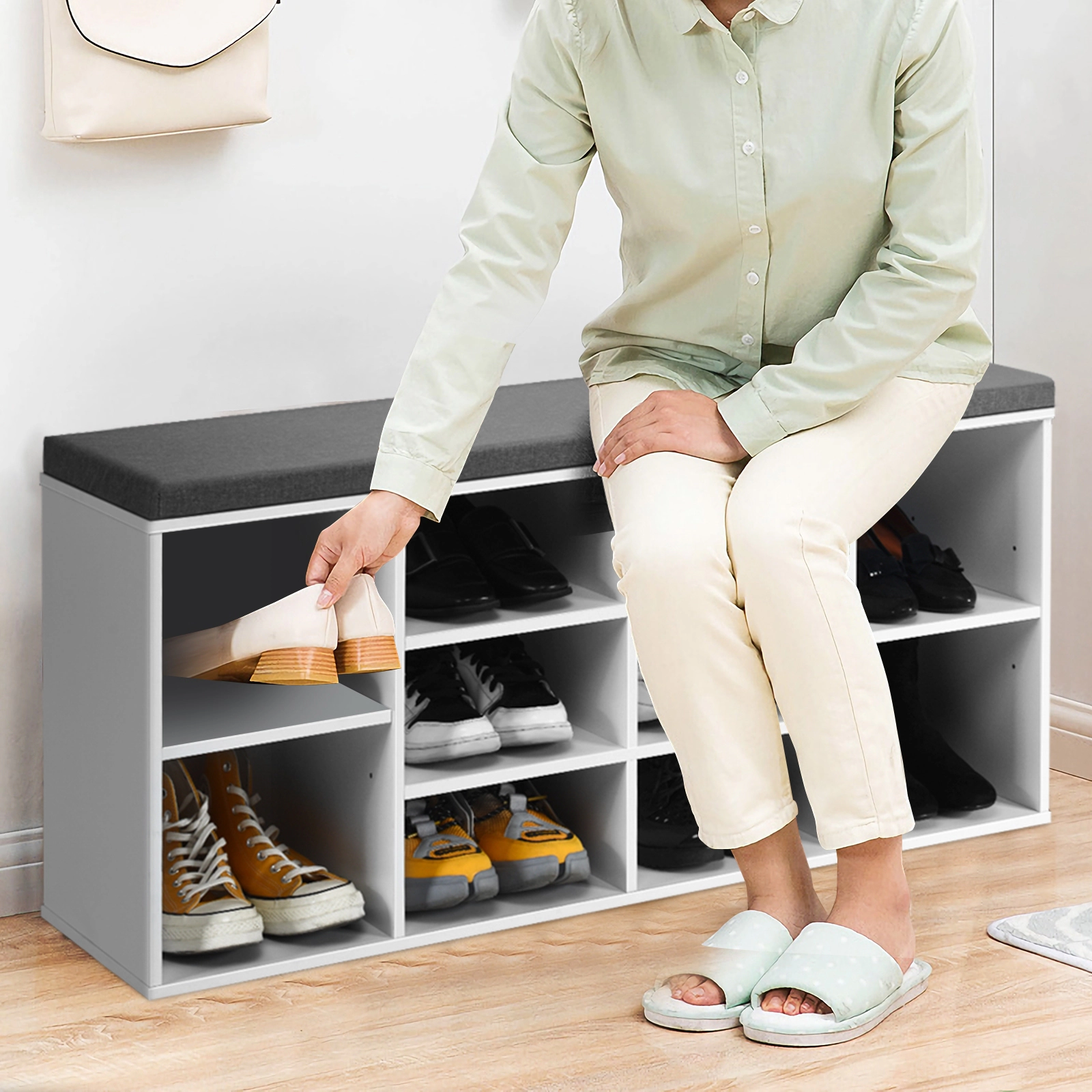 SUGIFT 10-Cube Organizer Shoe Storage Bench Cushion 41-in Wide 440-lb Capacity Chipboard Frame Removable Cushion Cover
