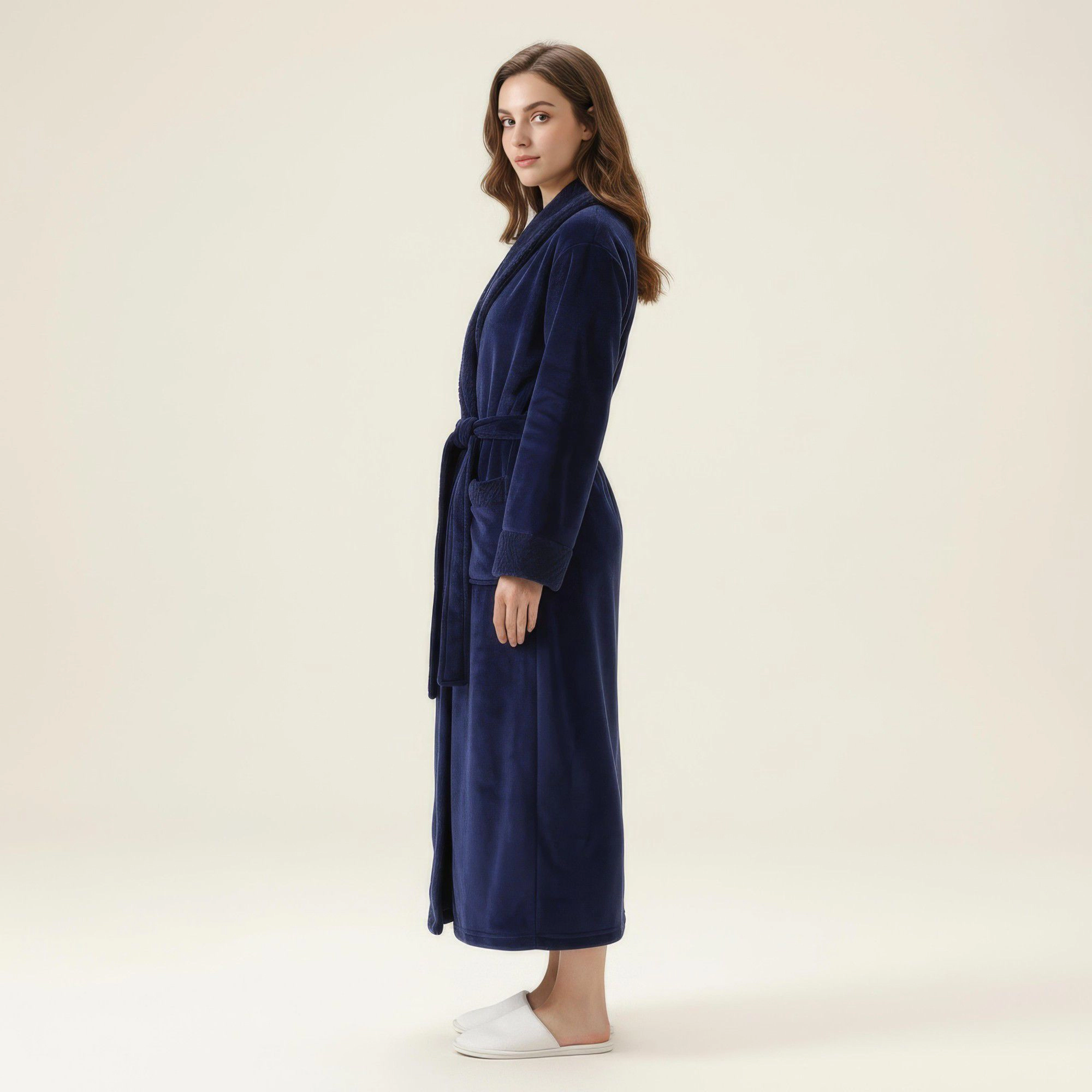Anna-Kaci Women's Long Plush Robe with Shawl Collar Tie Waist Belt Front Pockets Soft Fleece