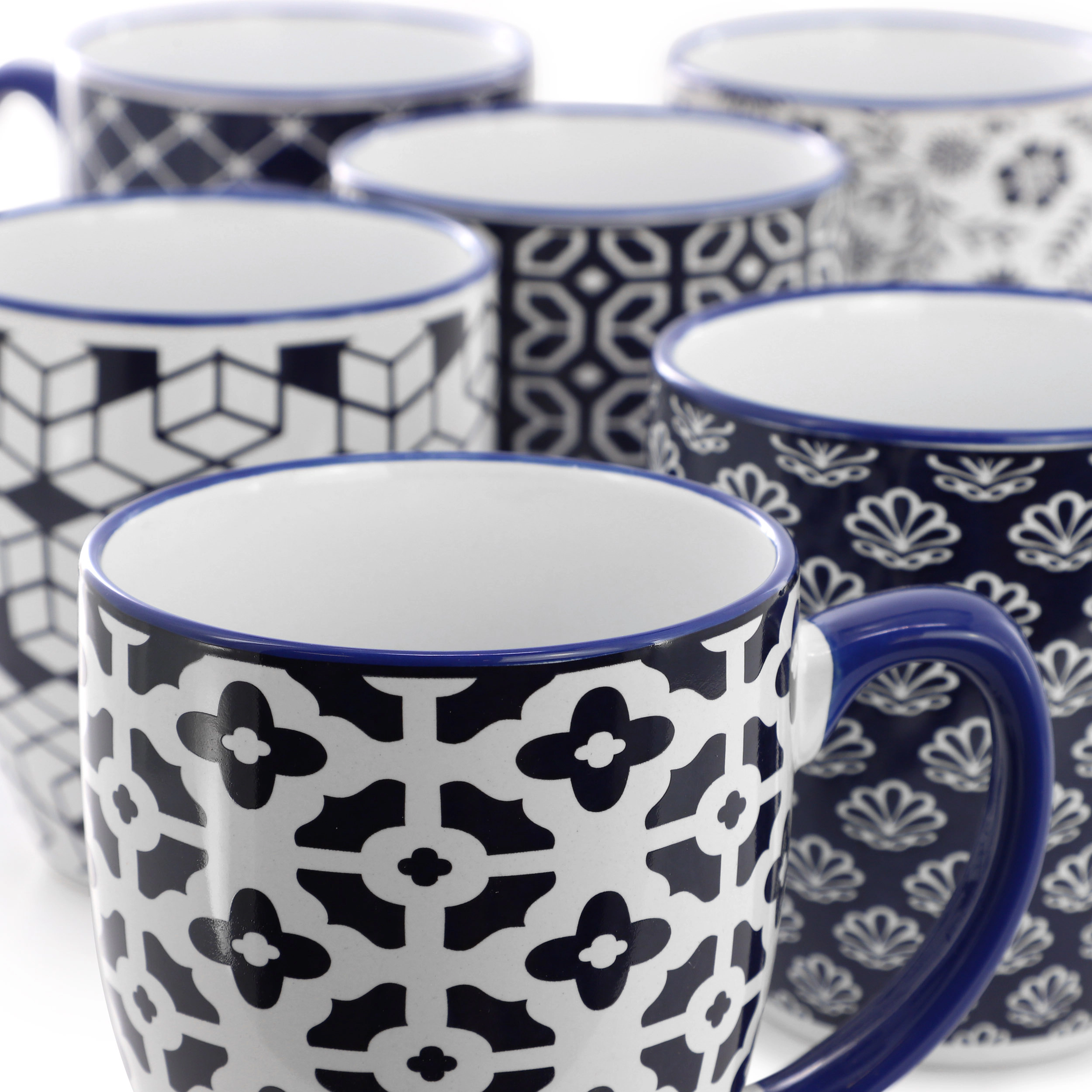 Elama Flyn 6 Piece 16 Ounce Assorted Design Stoneware Mug Set in Navy Blue and White