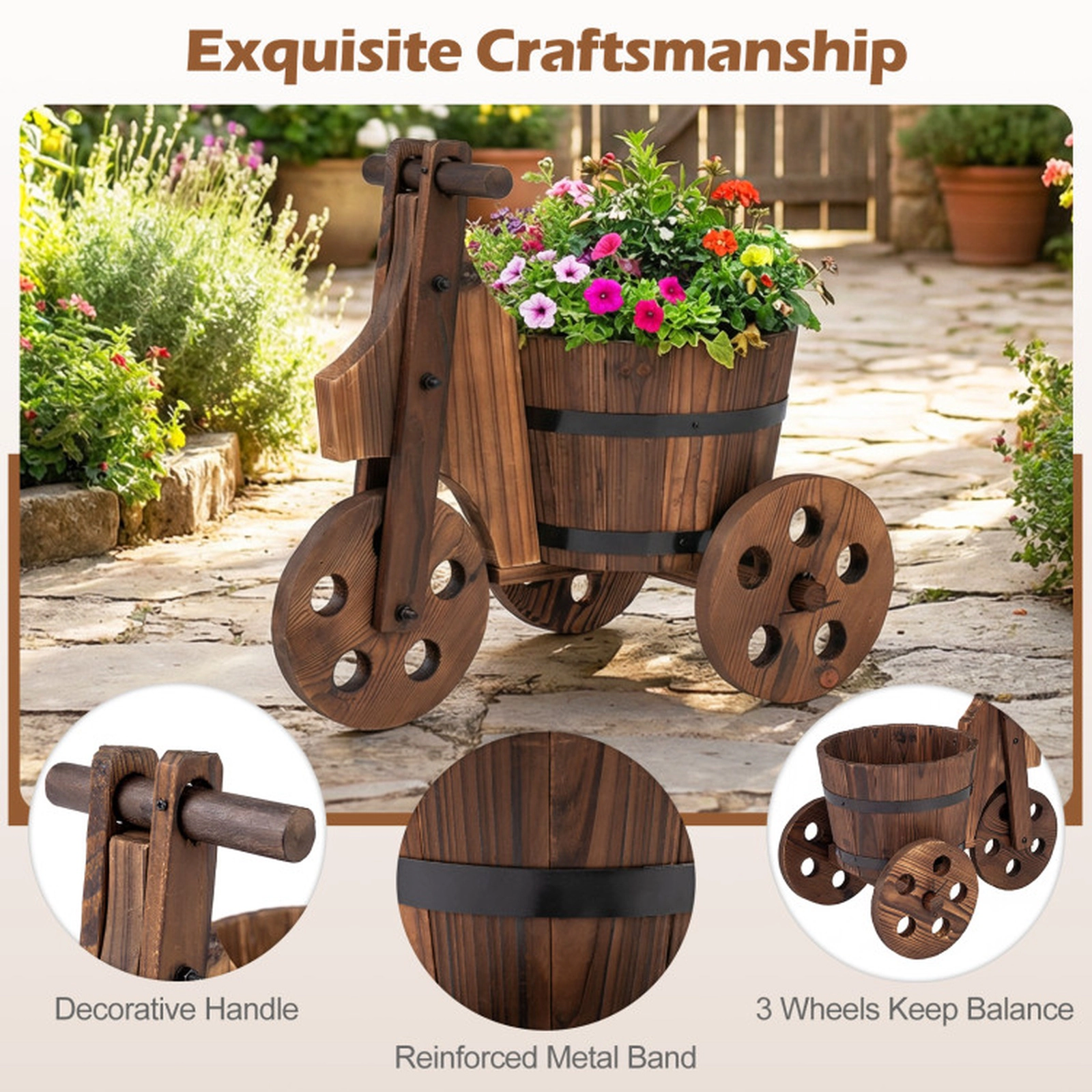 SUGIFT Coffee Wood Tricycle Barrel Planter with Drainage Hole 17.5-in W 12.5-in D 17-in H 11-lb Barrel Capacity