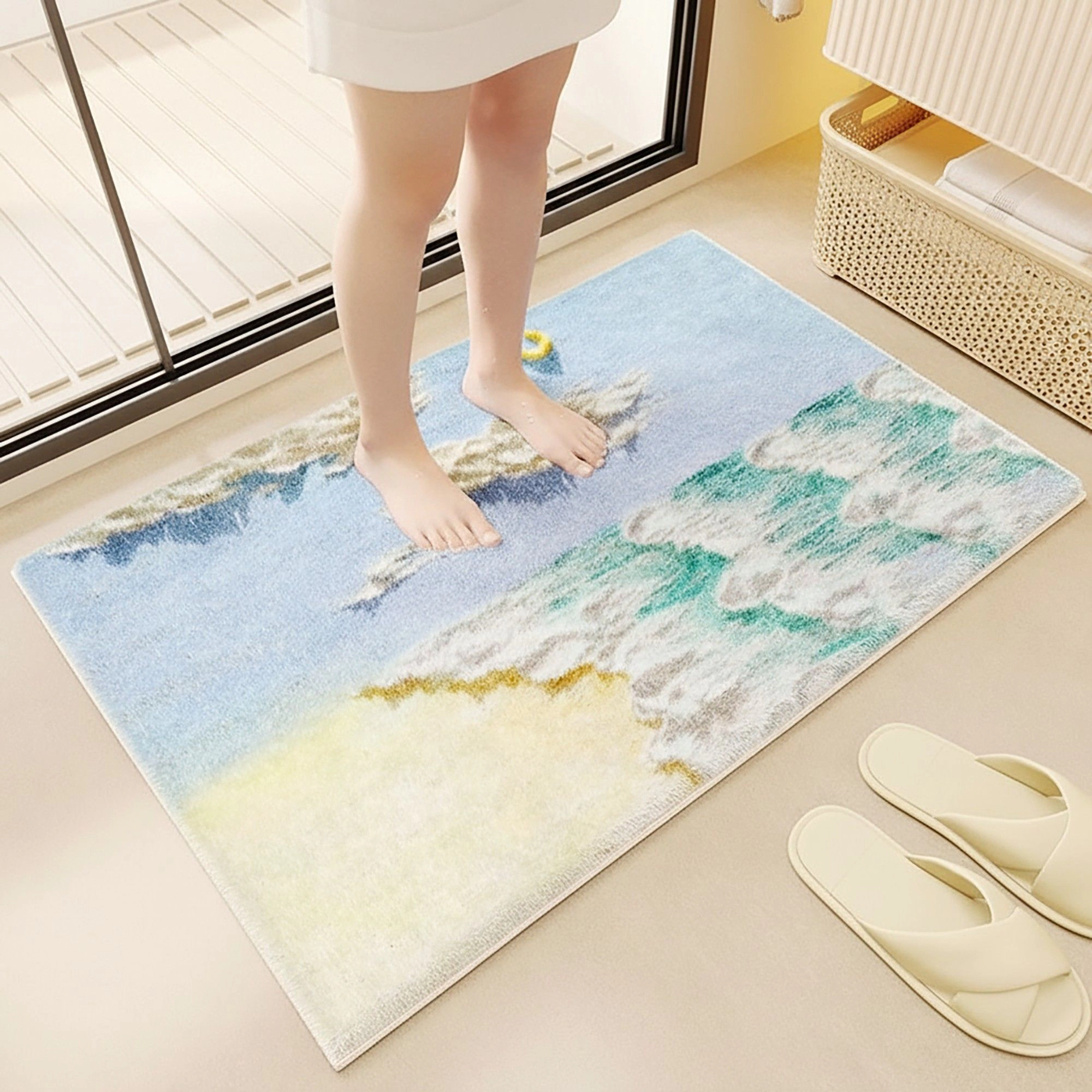 Alilang Unisex Tufted Floor Mat with Ocean Wave and Cloud Design Non Slip Backing Soft Plush Decorative Indoor Rug