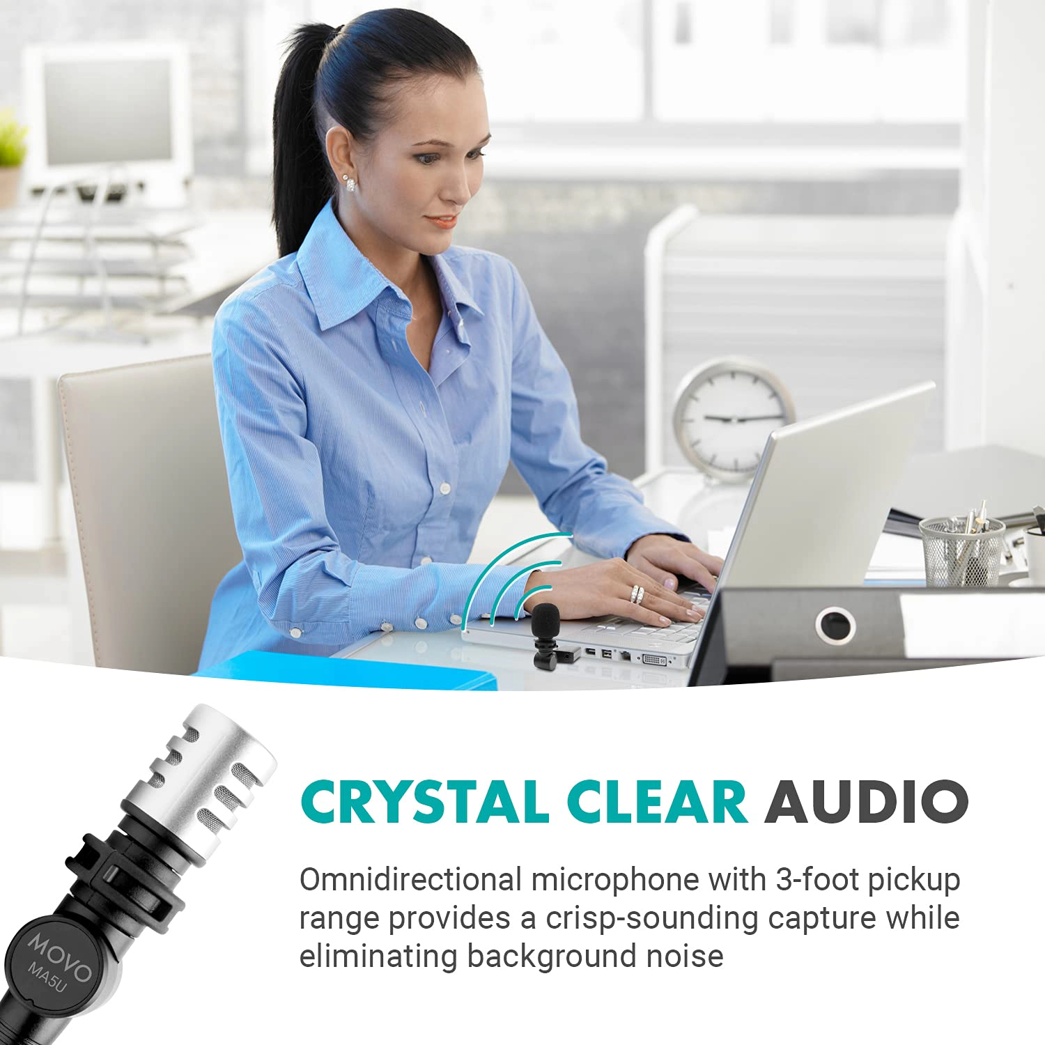 Movo MA5U Pocket Audio Microphone, Omnidirectional Pickup, 3.5mm Female TRS Headphone Port, Compatible with PC and Mac