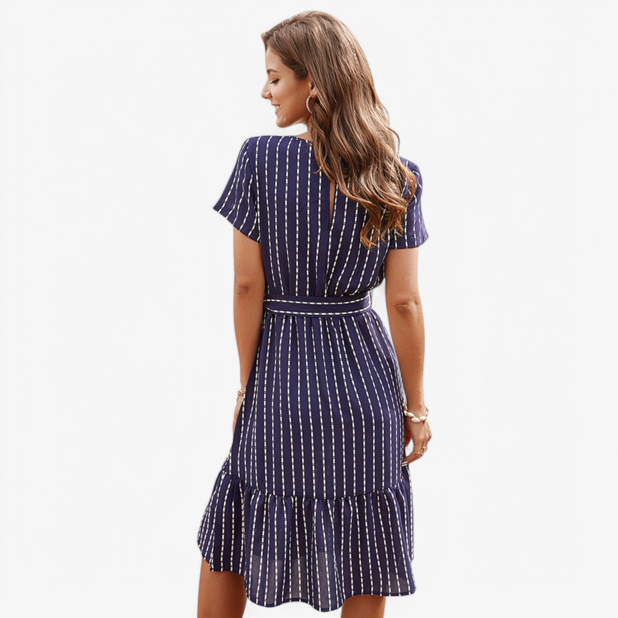 Anna-Kaci Women's V Neck Short Sleeve Tiered Waist Tie Midi Dress