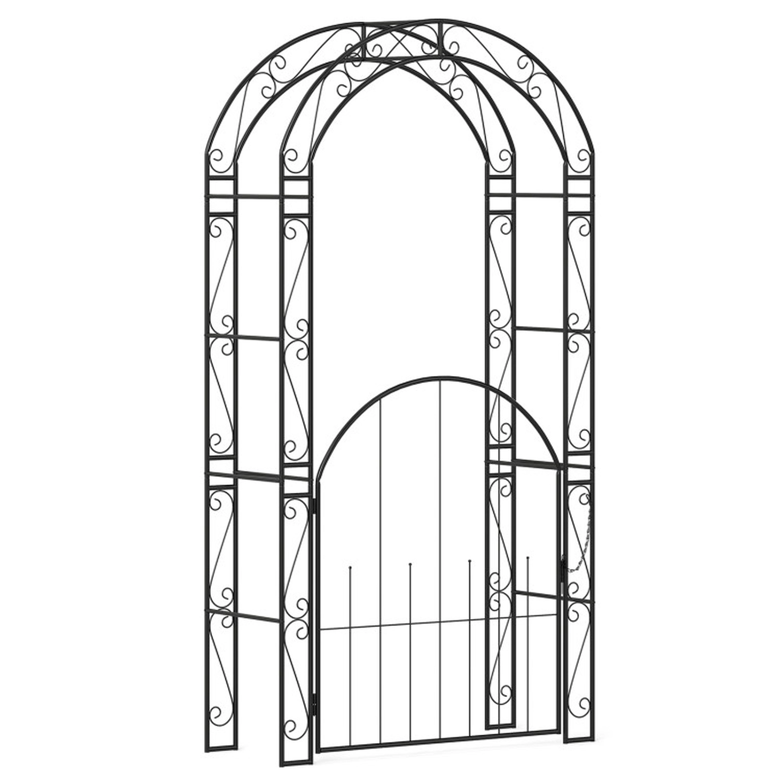 SUGIFT Black Metal Garden Arch Arbor with Lockable Gate and Scroll Patterns 45-in W 17-in D 84-in H 35-in Door W