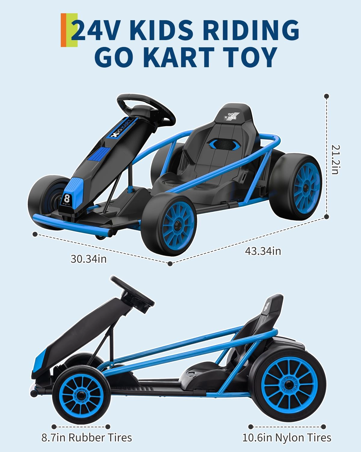 24V Kids Go Kart, 2×300W Motors, 8.1MPH Drift Racing Car w/ 9Ah Battery, Music, Horn & Seatbelt for Ages 8–12