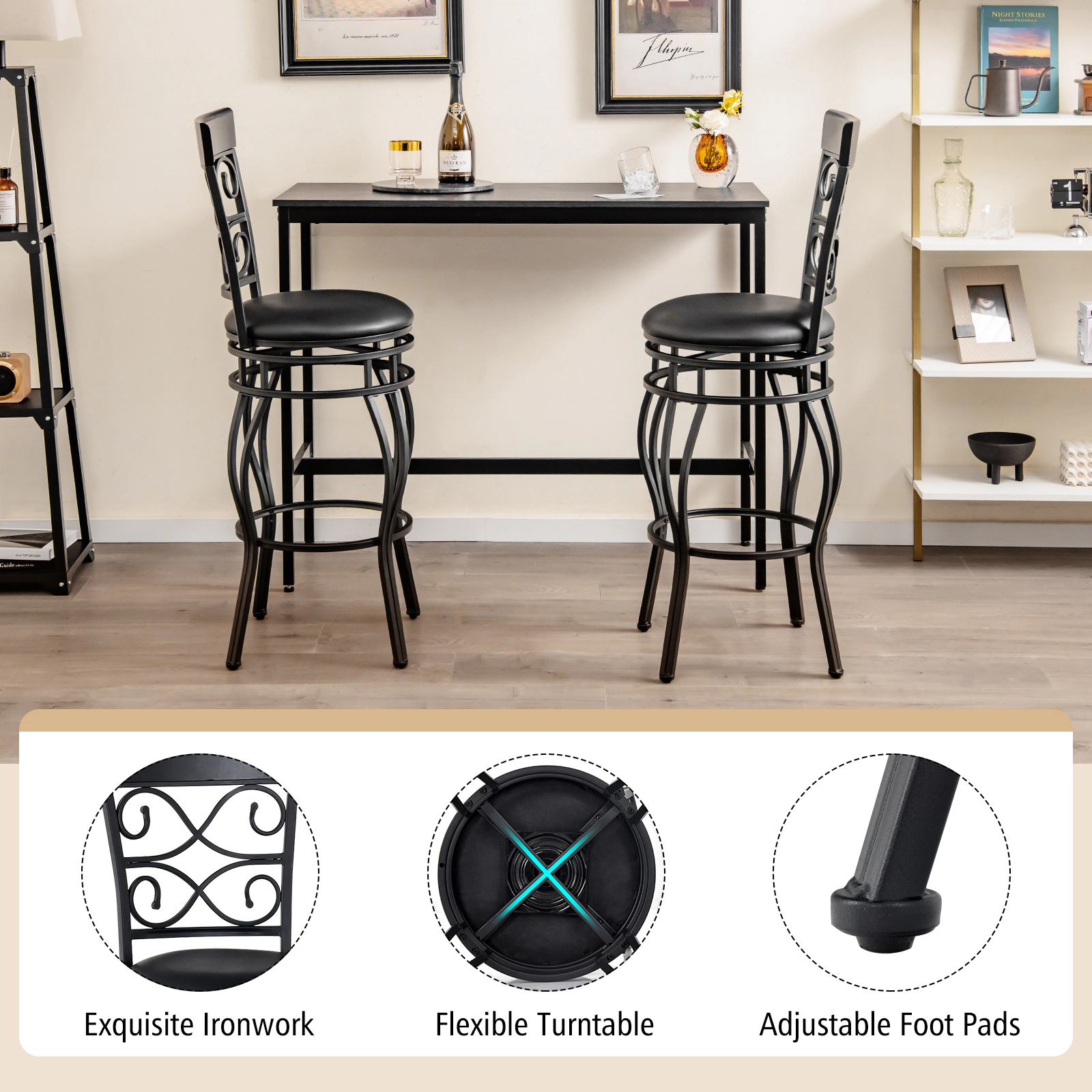 Glintex 2-Piece 30-Inch Swivel Bar Stool Set with Wide Padded Backrest