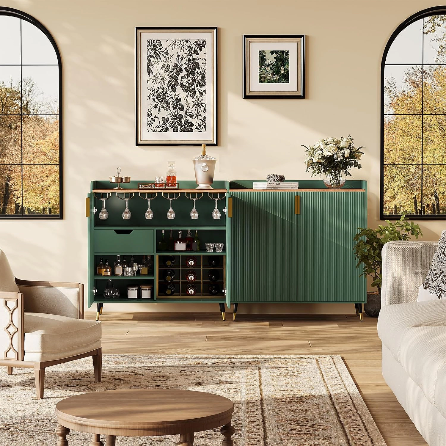 BebreezChic Modern Small Sideboard Buffet Cabinet with Fluted Doors, Wine Bar & Coffee Bar, Wine Rack