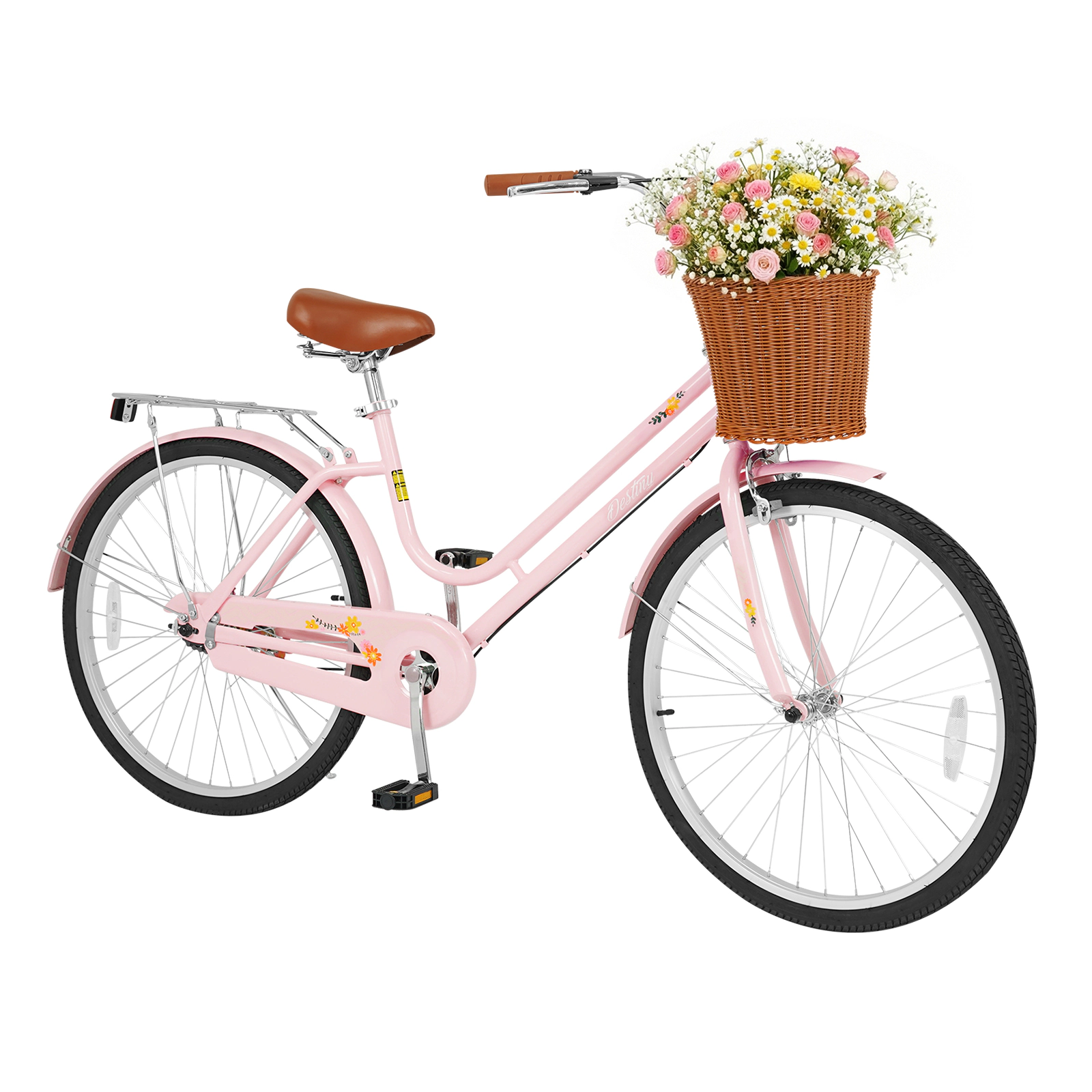 LJG 26 Inch Beach Cruiser Bike for Women with Woven Basket and Rear Rack