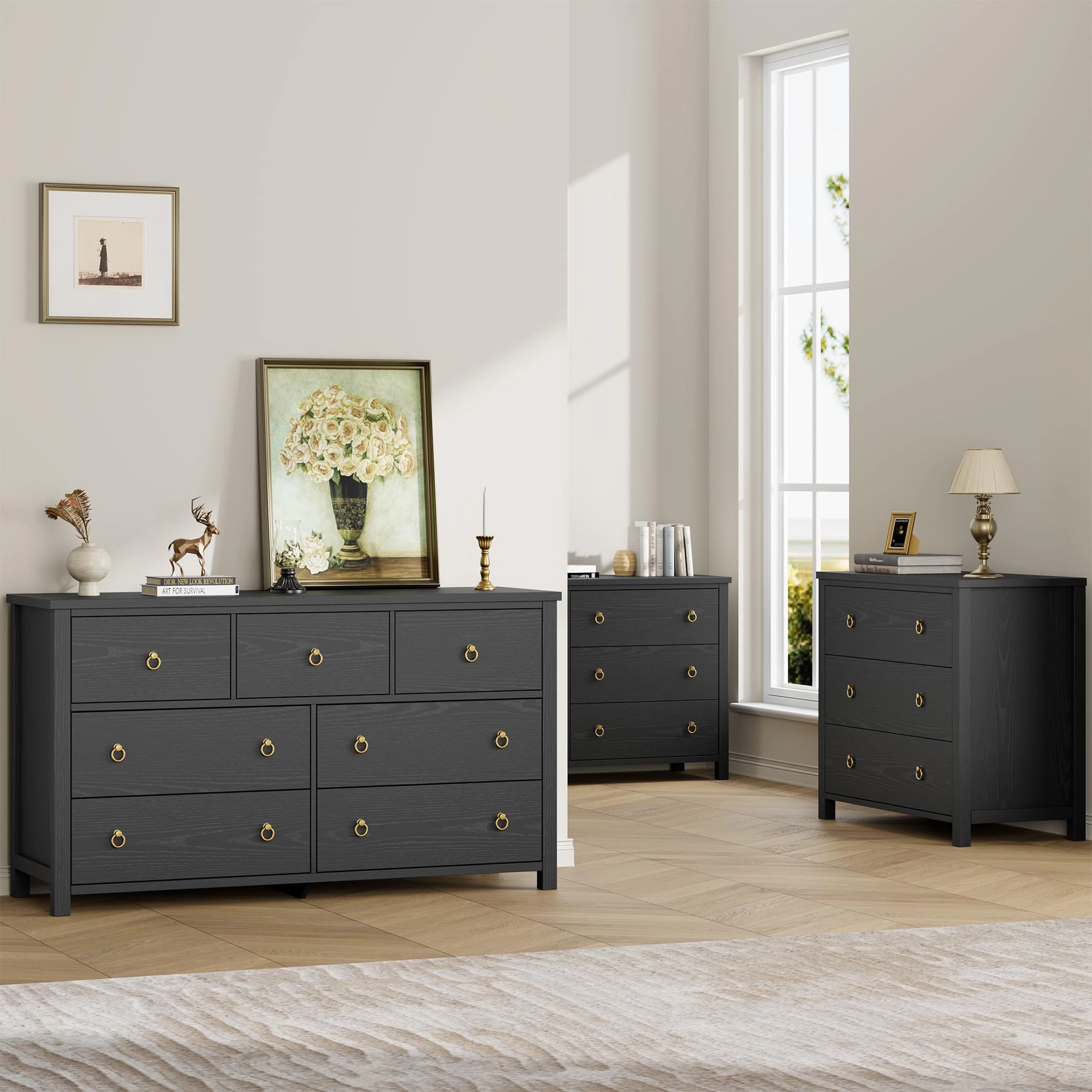 7 Drawer Modern Black Dresser & TV Stand, 54" Wide Wooden Storage Cabinet for Bedroom Living Room