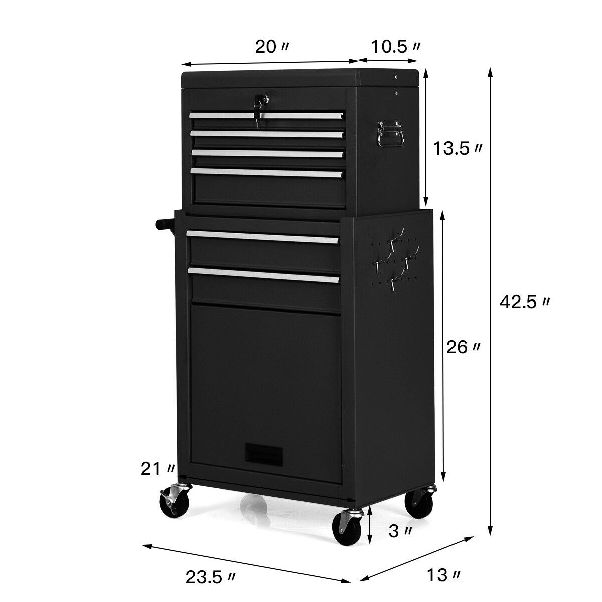 SUGIFT Detachable 2-Piece Rolling Tool Chest and Cabinet with Ball-Bearing Drawers Lock and 4 Hooks