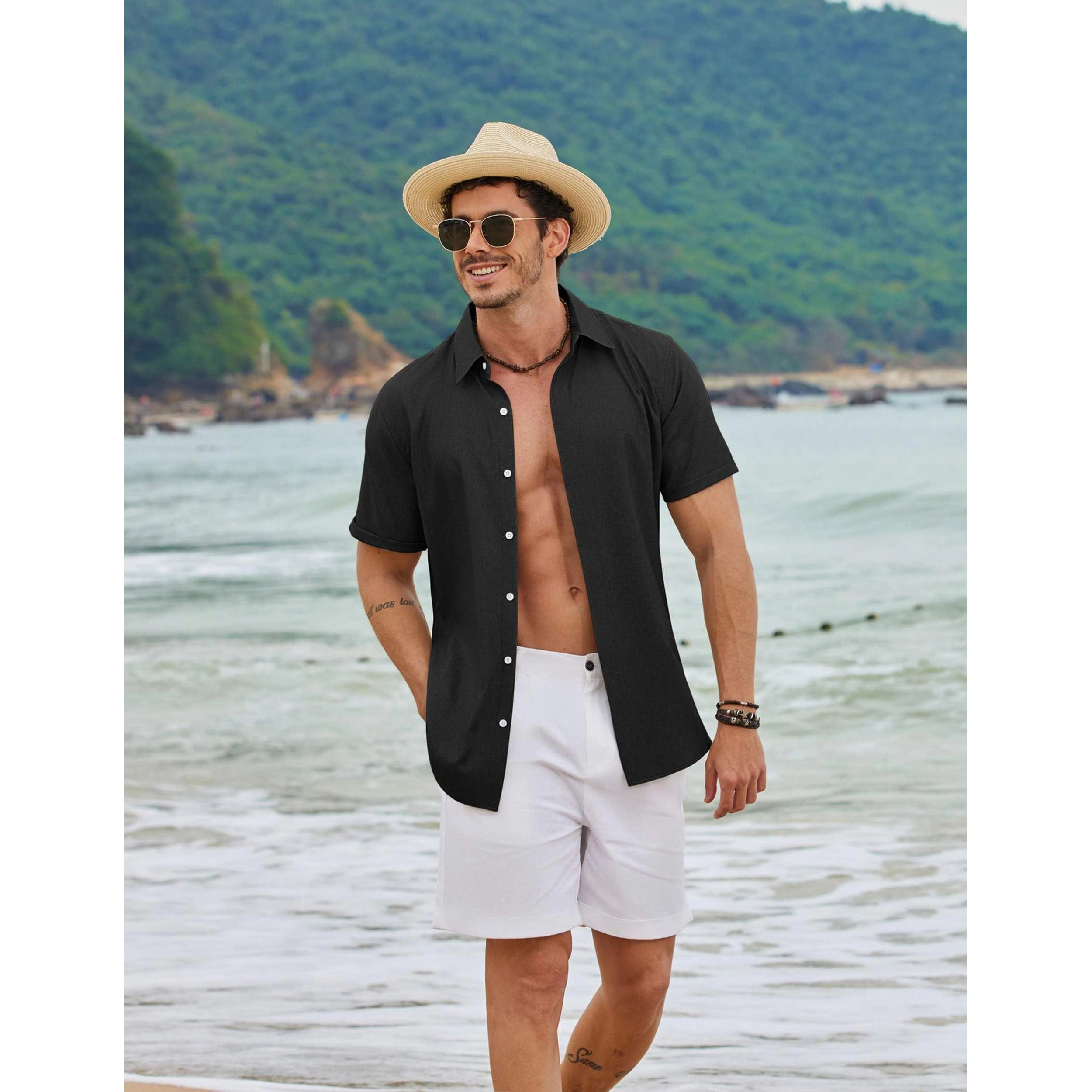 COOFANDY Mens Short Sleeve Button Down Shirt  V Neck Casual Loose Beach Tops
